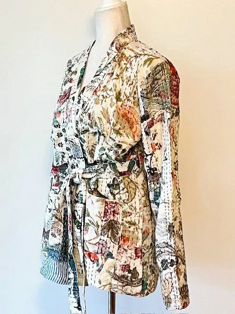 Beautiful Handmade KHAMBADIYA Kantha Short Silk Jacket (Classic Print)