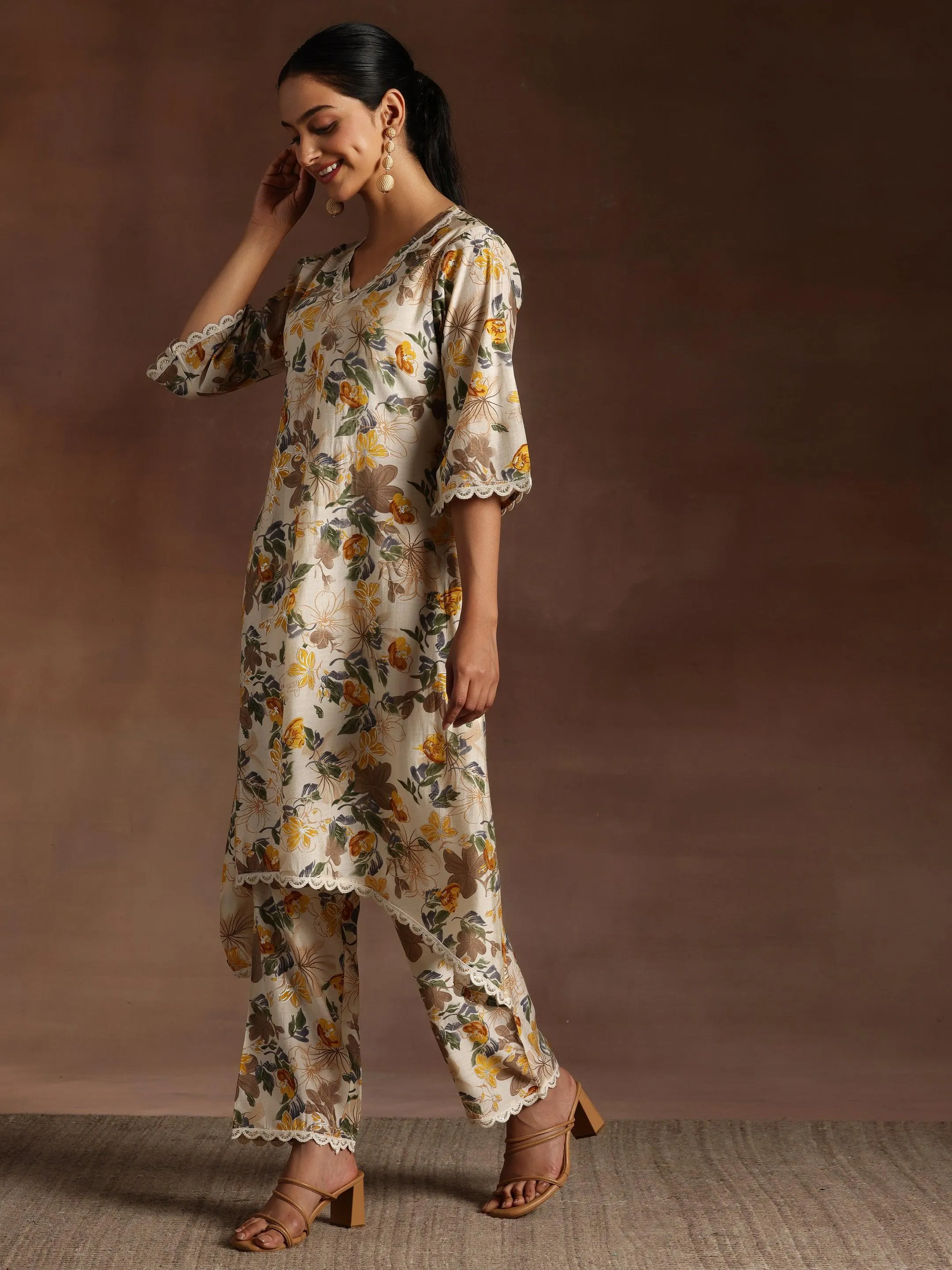 Beige Printed Chanderi Silk A-Line Kurta With Trousers