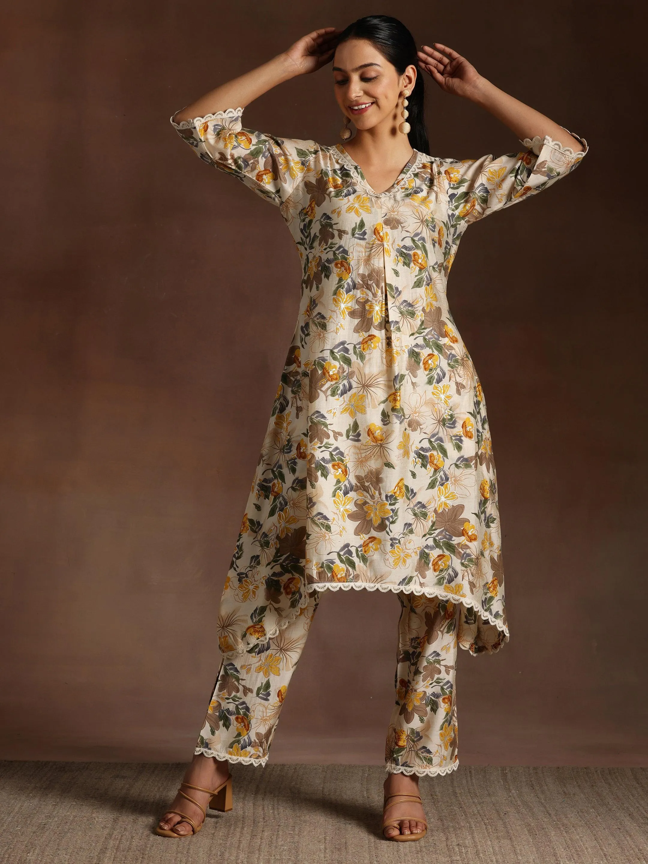 Beige Printed Chanderi Silk A-Line Kurta With Trousers