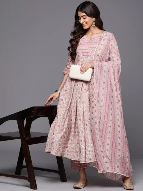 Beige Printed Silk Blend Anarkali Suit With Dupatta