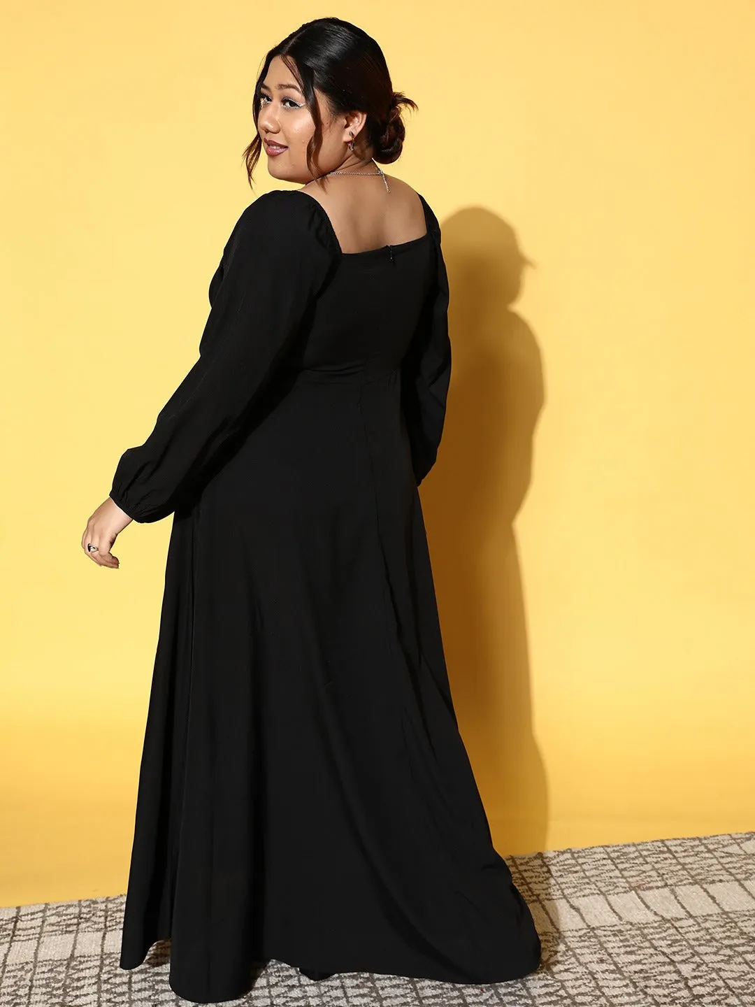 Berrylush Women Plus Size Solid Black Square Neck Crepe Thigh-High Slit Flared A-Line Maxi Dress