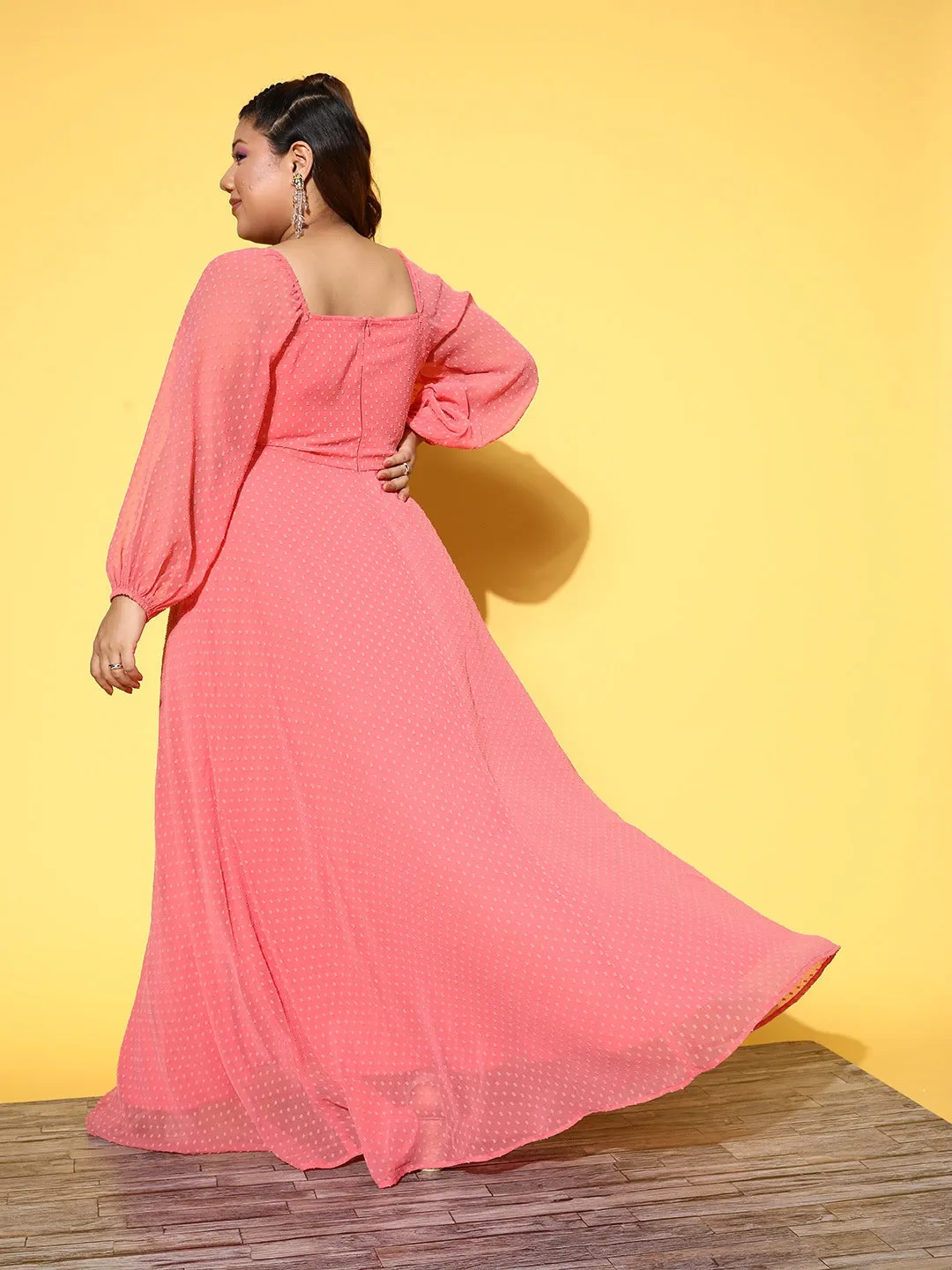 Berrylush Women Plus Size Solid Pink Dobby Weave Square Neck Thigh-High Slit Fit & Flare Maxi Dress