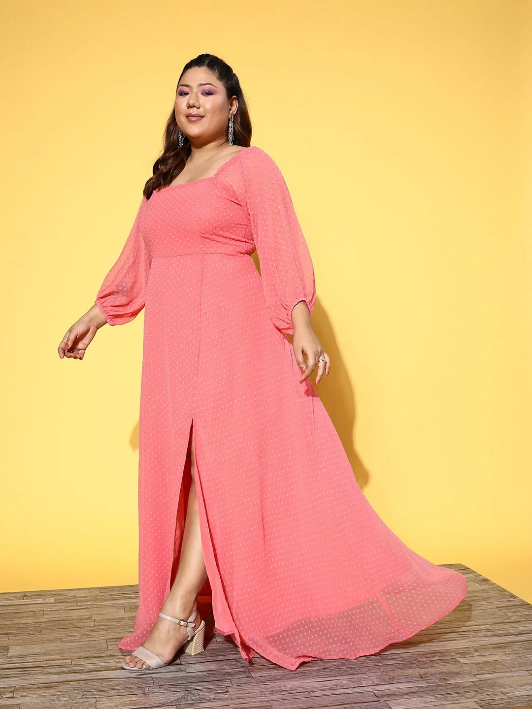 Berrylush Women Plus Size Solid Pink Dobby Weave Square Neck Thigh-High Slit Fit & Flare Maxi Dress