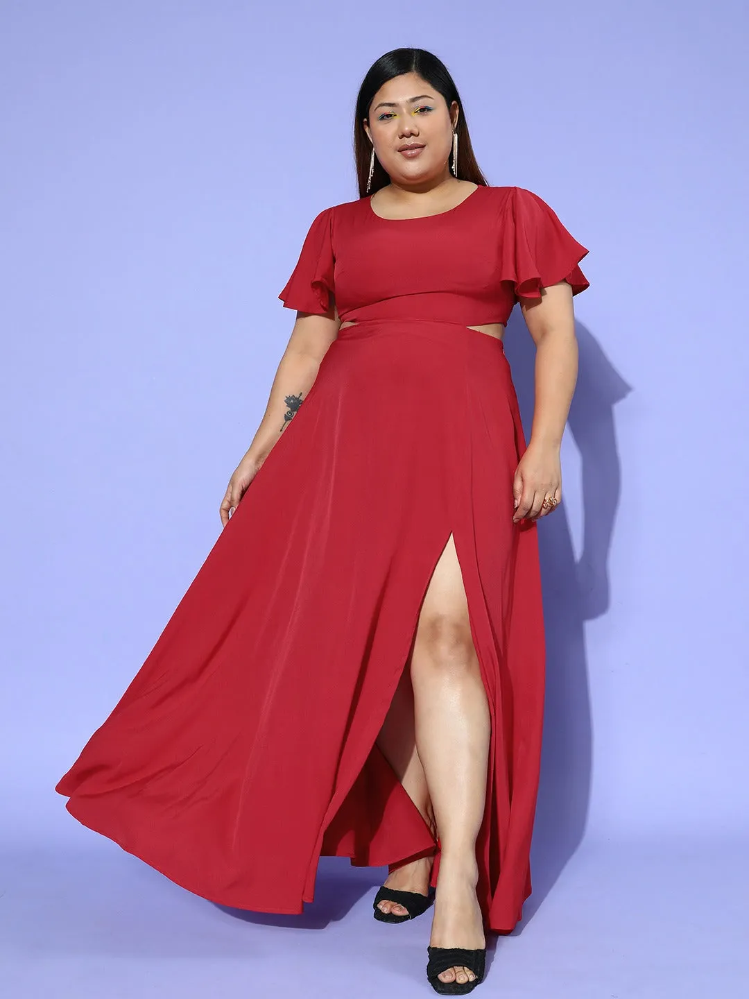 Berrylush Women Plus Size Solid Red Round Neck Cutout Crepe Thigh-High Slit Fit & Flare Maxi Dress