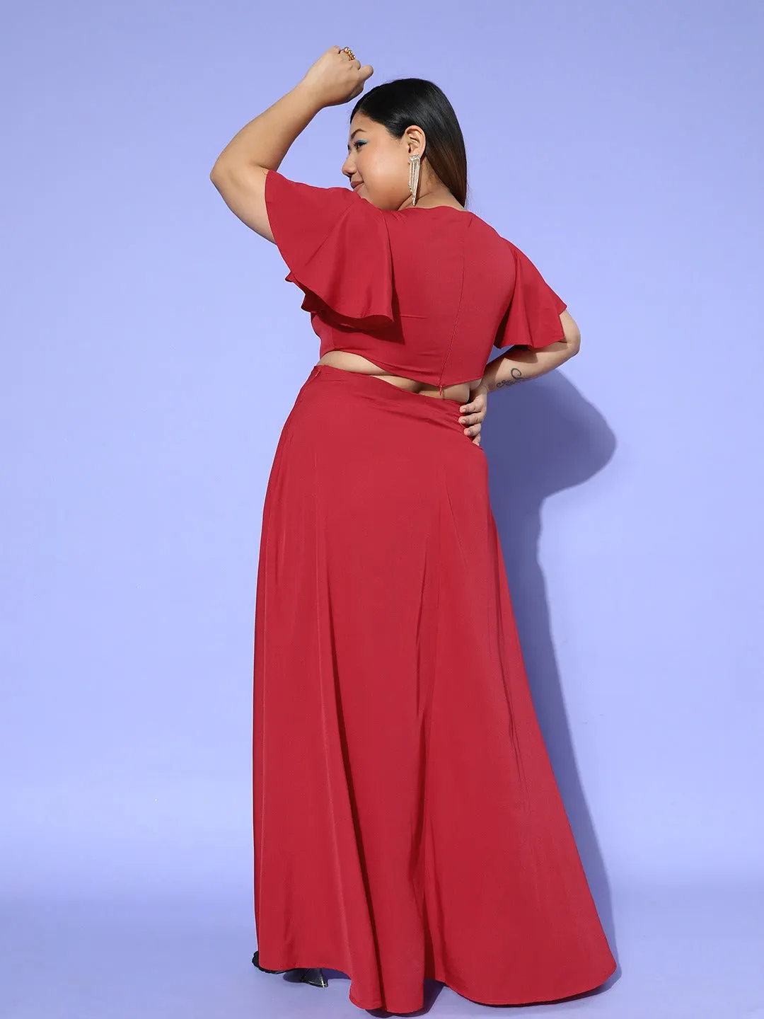 Berrylush Women Plus Size Solid Red Round Neck Cutout Crepe Thigh-High Slit Fit & Flare Maxi Dress