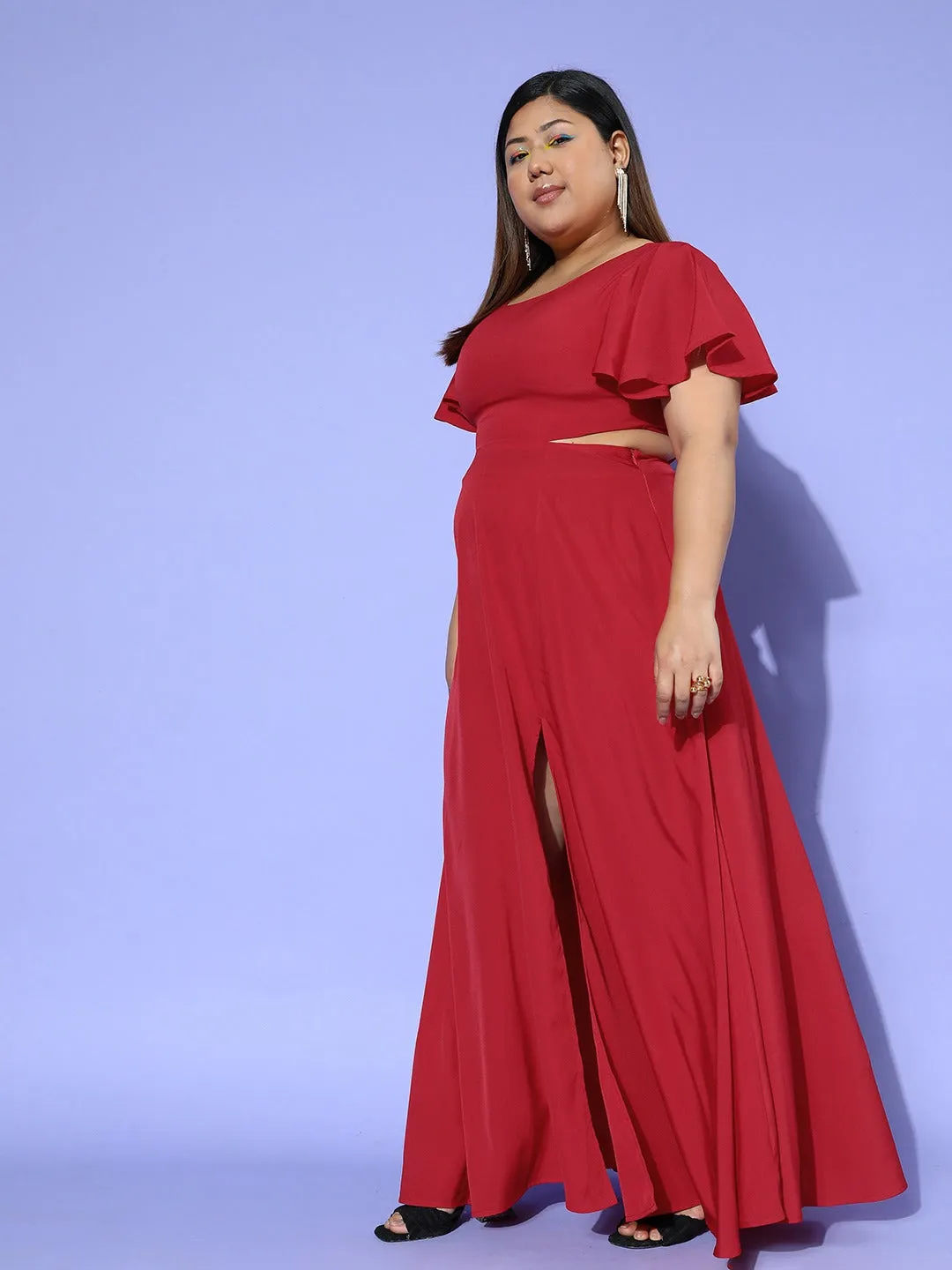 Berrylush Women Plus Size Solid Red Round Neck Cutout Crepe Thigh-High Slit Fit & Flare Maxi Dress