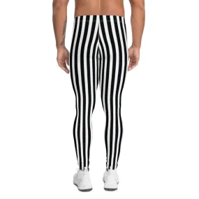 Best Striped Men's Leggings, Black White Athletic Running Elastic Tights For Men-Made in USA/EU