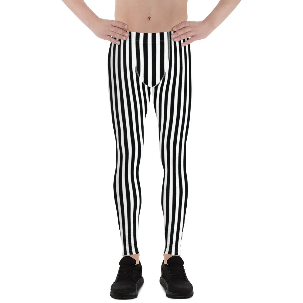 Best Striped Men's Leggings, Black White Athletic Running Elastic Tights For Men-Made in USA/EU