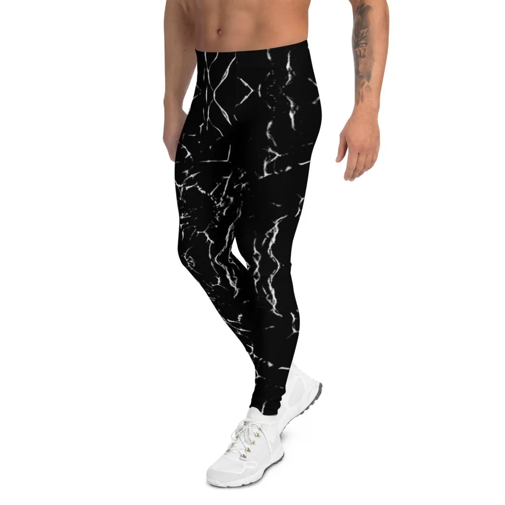 Black Abstract Men's Leggings, Designer Running Tights For Men-Made in USA/EU(US Size: XS-3XL)