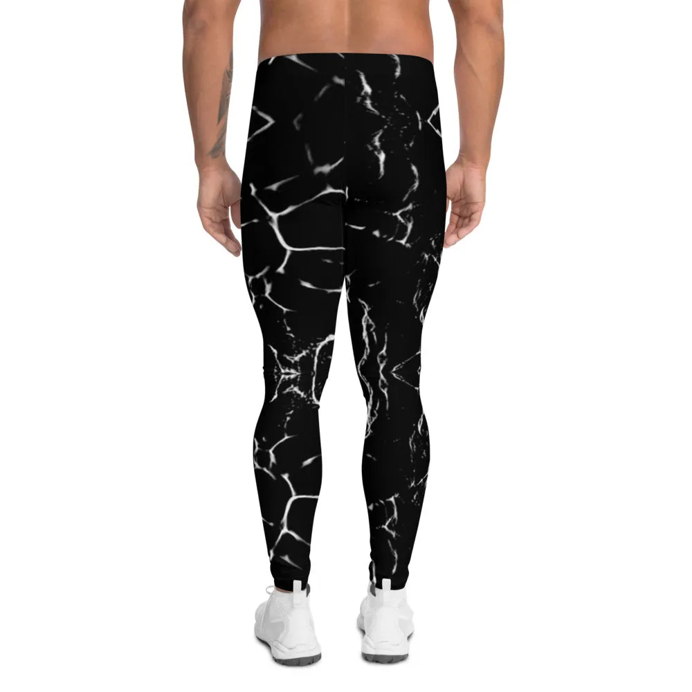 Black Abstract Men's Leggings, Designer Running Tights For Men-Made in USA/EU(US Size: XS-3XL)