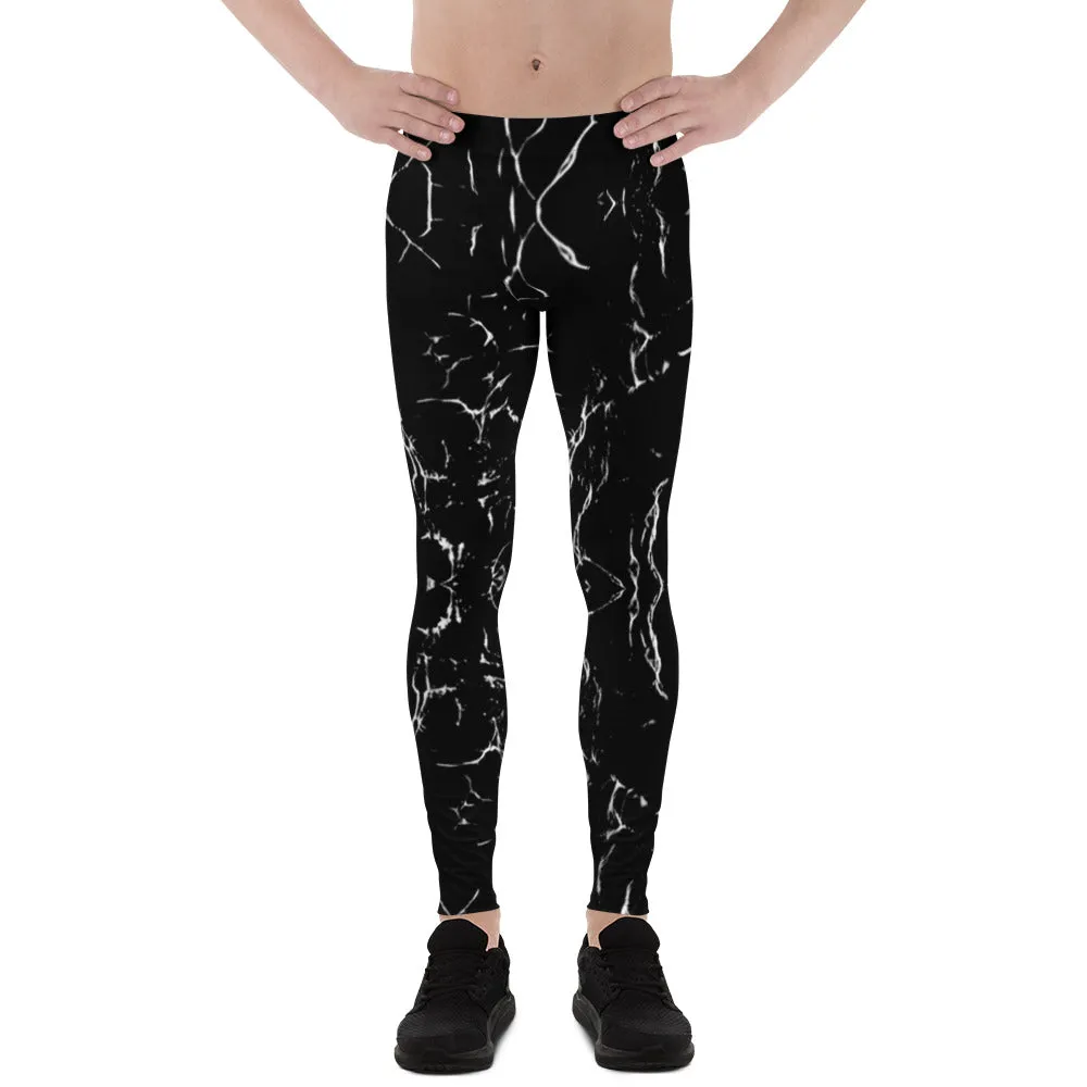 Black Abstract Men's Leggings, Designer Running Tights For Men-Made in USA/EU(US Size: XS-3XL)