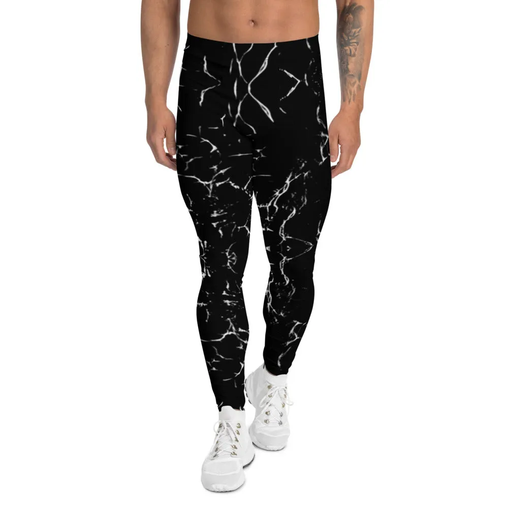 Black Abstract Men's Leggings, Designer Running Tights For Men-Made in USA/EU(US Size: XS-3XL)