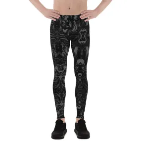 Black Abstract Men's Leggings, Marbled Print Compression Tights Meggings-Made in USA/EU