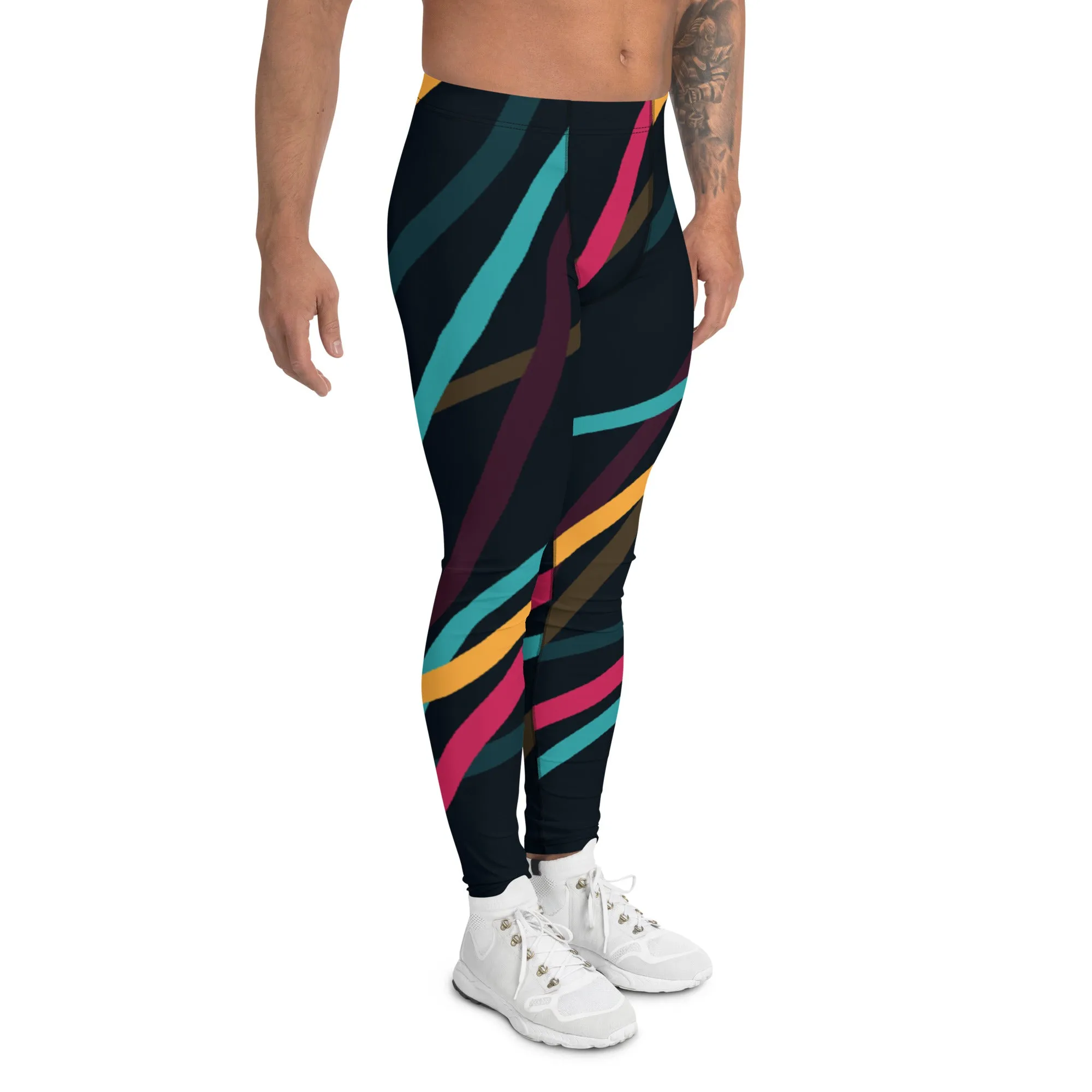 Black Abstract Printed Men's Leggings, Mixed Colorful Meggings Running Tights For Men-Made in USA/EU/MX