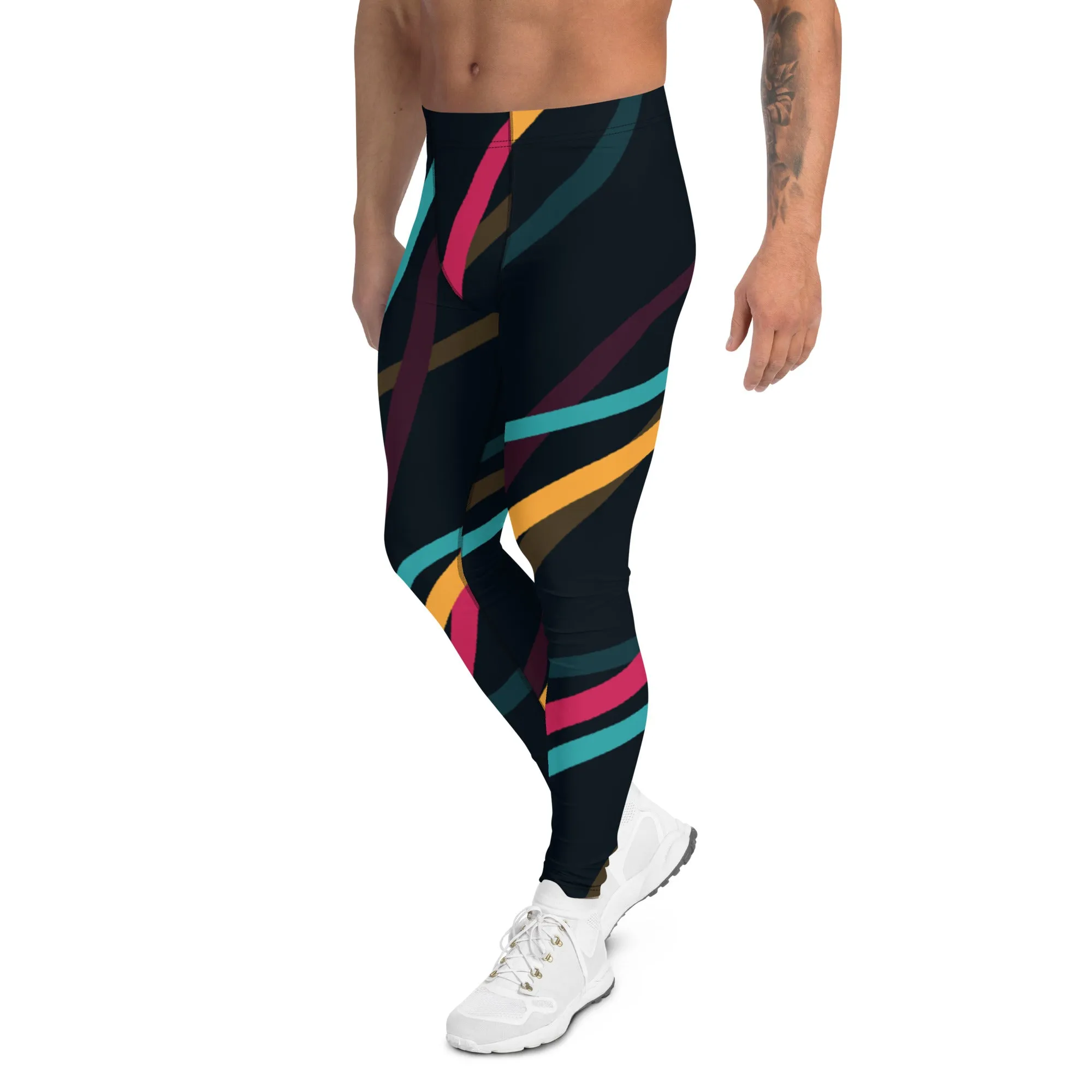 Black Abstract Printed Men's Leggings, Mixed Colorful Meggings Running Tights For Men-Made in USA/EU/MX