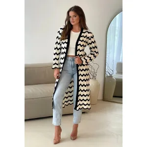 Black and White Monochrome Chevron Long Knitted Cardigan