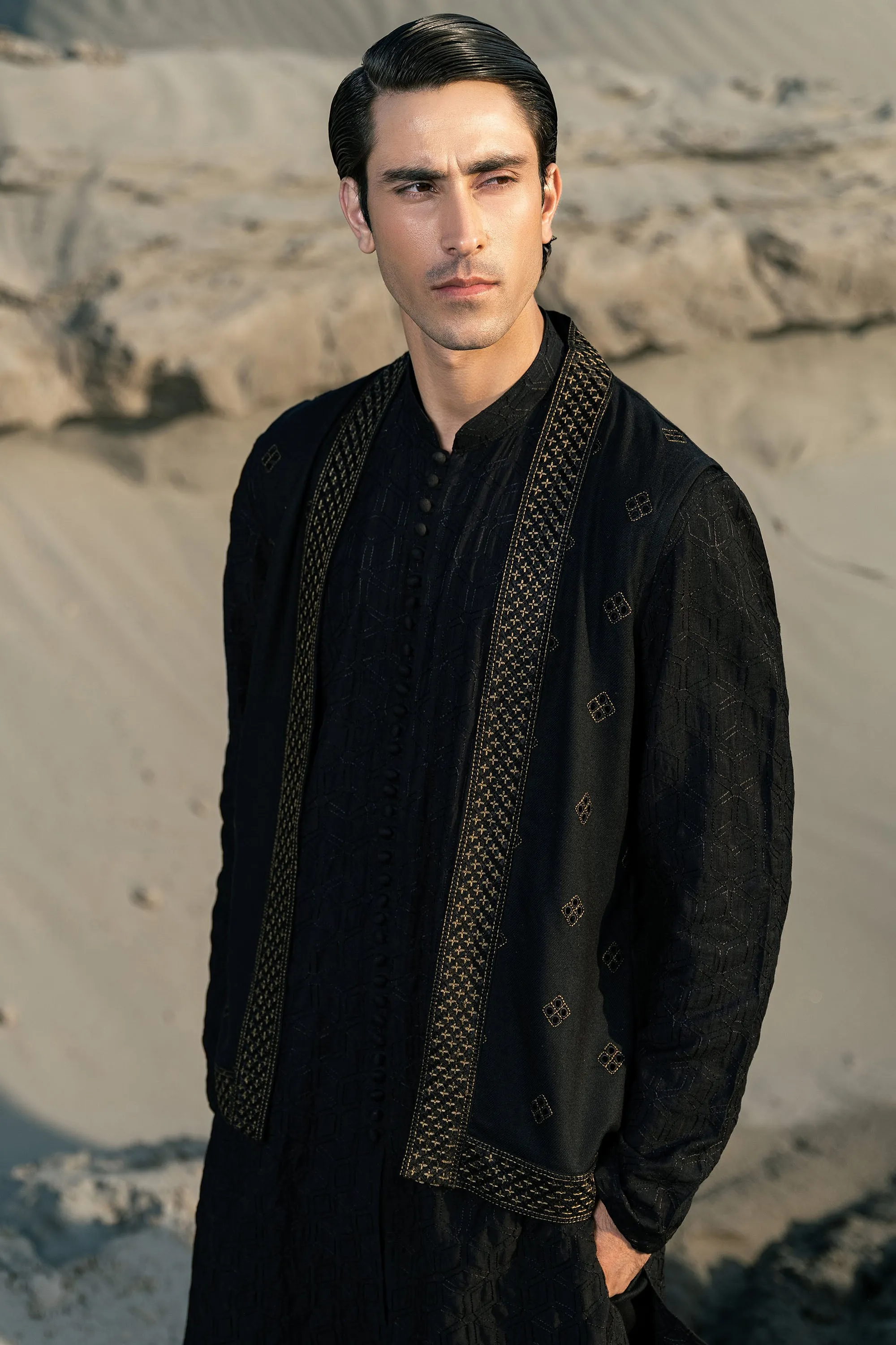 Black Embroidered Front Open Kurta Cardigan Set