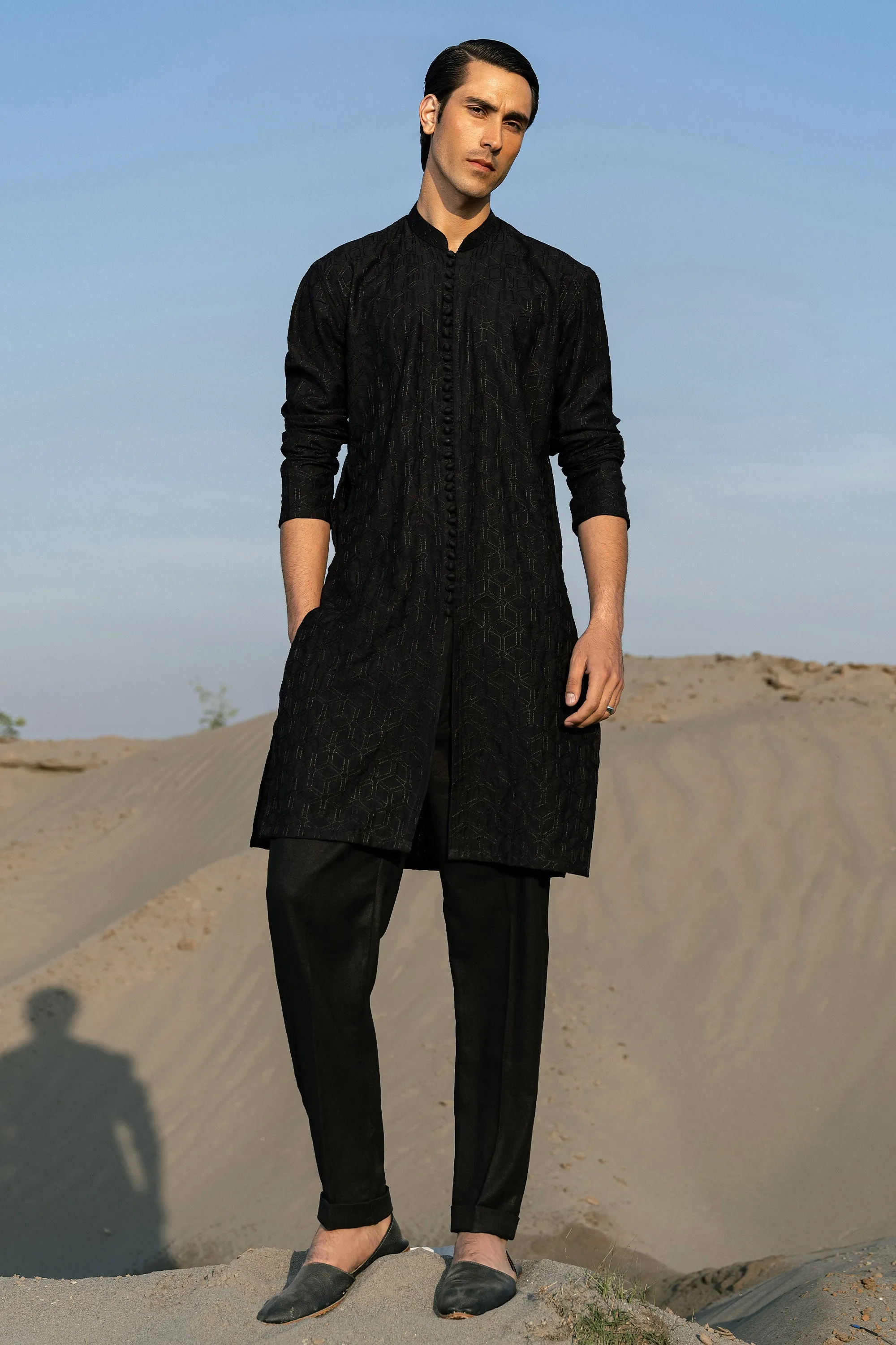 Black Embroidered Front Open Kurta Cardigan Set