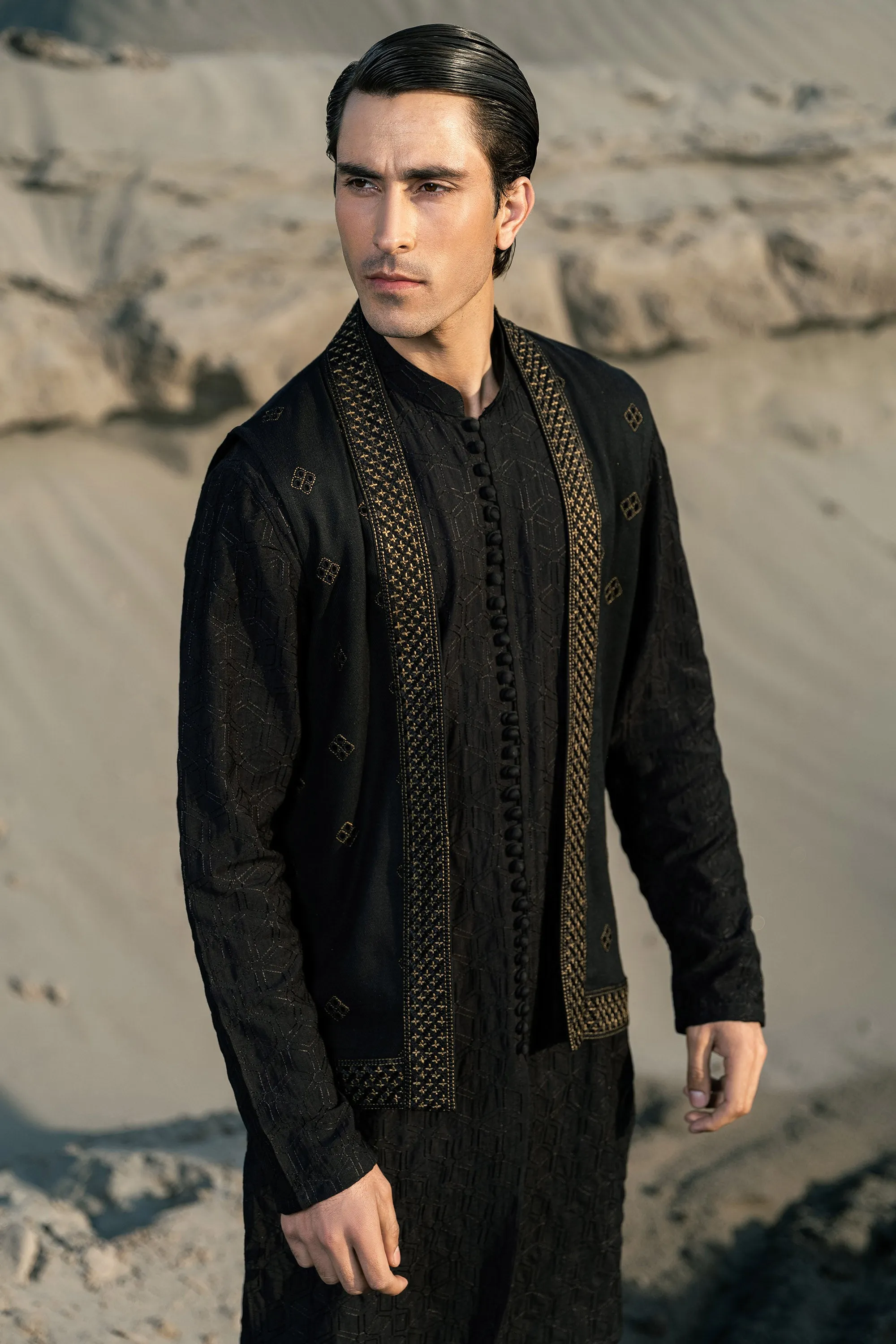 Black Embroidered Front Open Kurta Cardigan Set