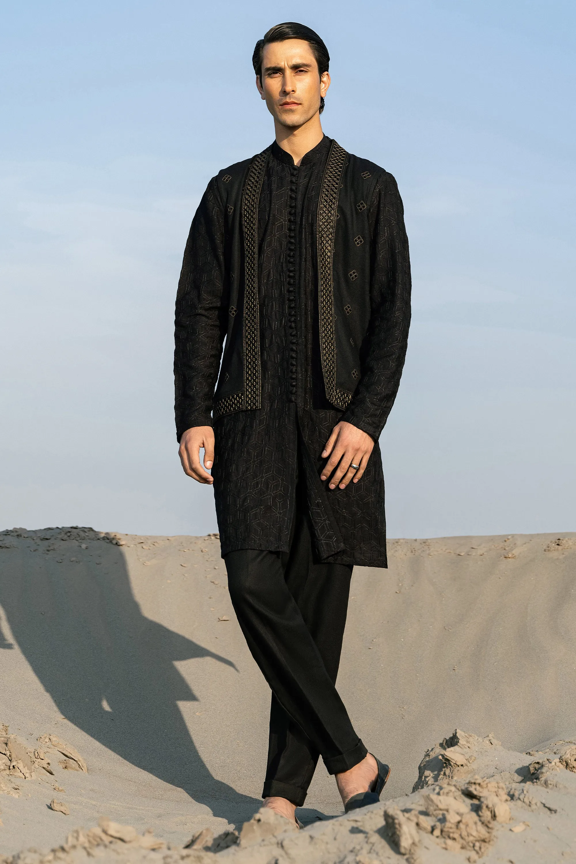 Black Embroidered Front Open Kurta Cardigan Set