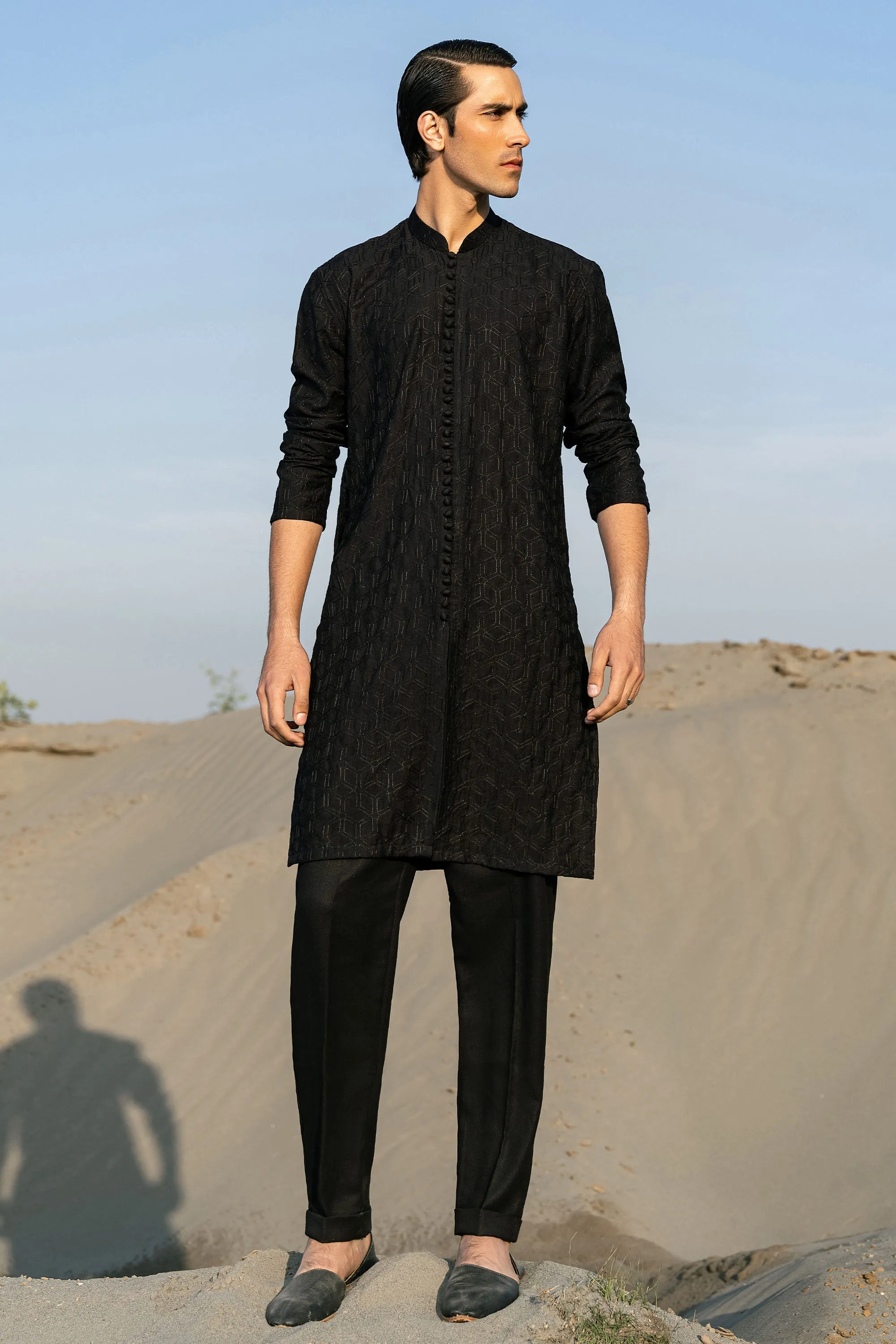 Black Embroidered Front Open Kurta Cardigan Set