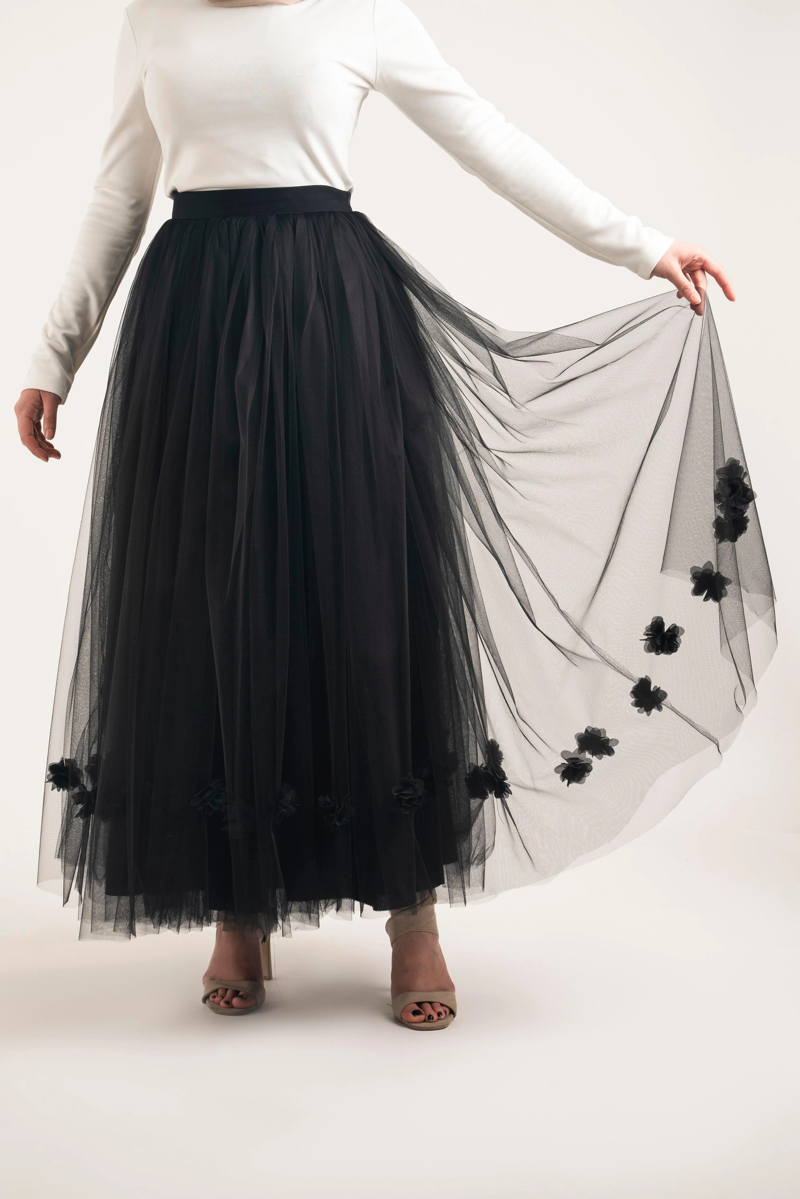 Black Floral Pleat Skirt