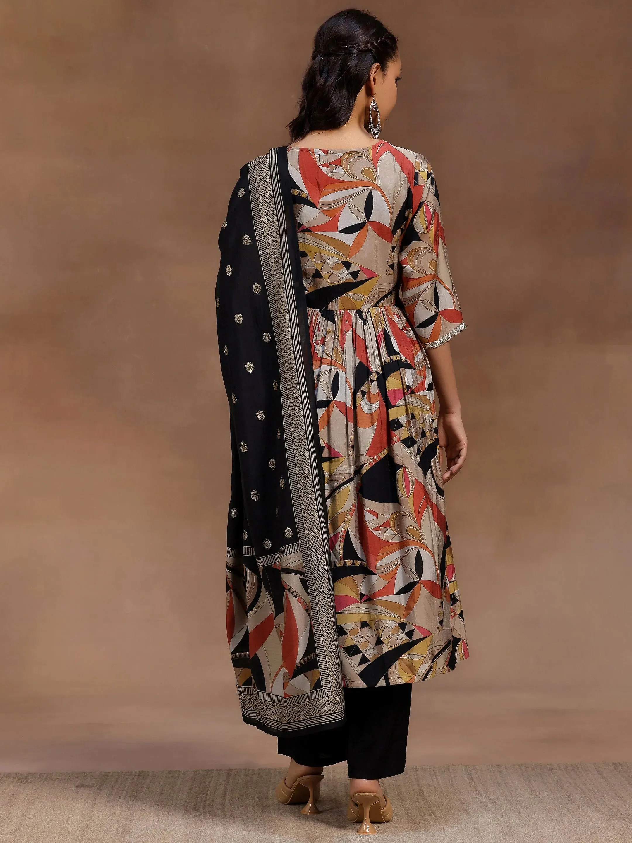 Black Printed Silk Blend A-Line Kurta With Trousers & Dupatta