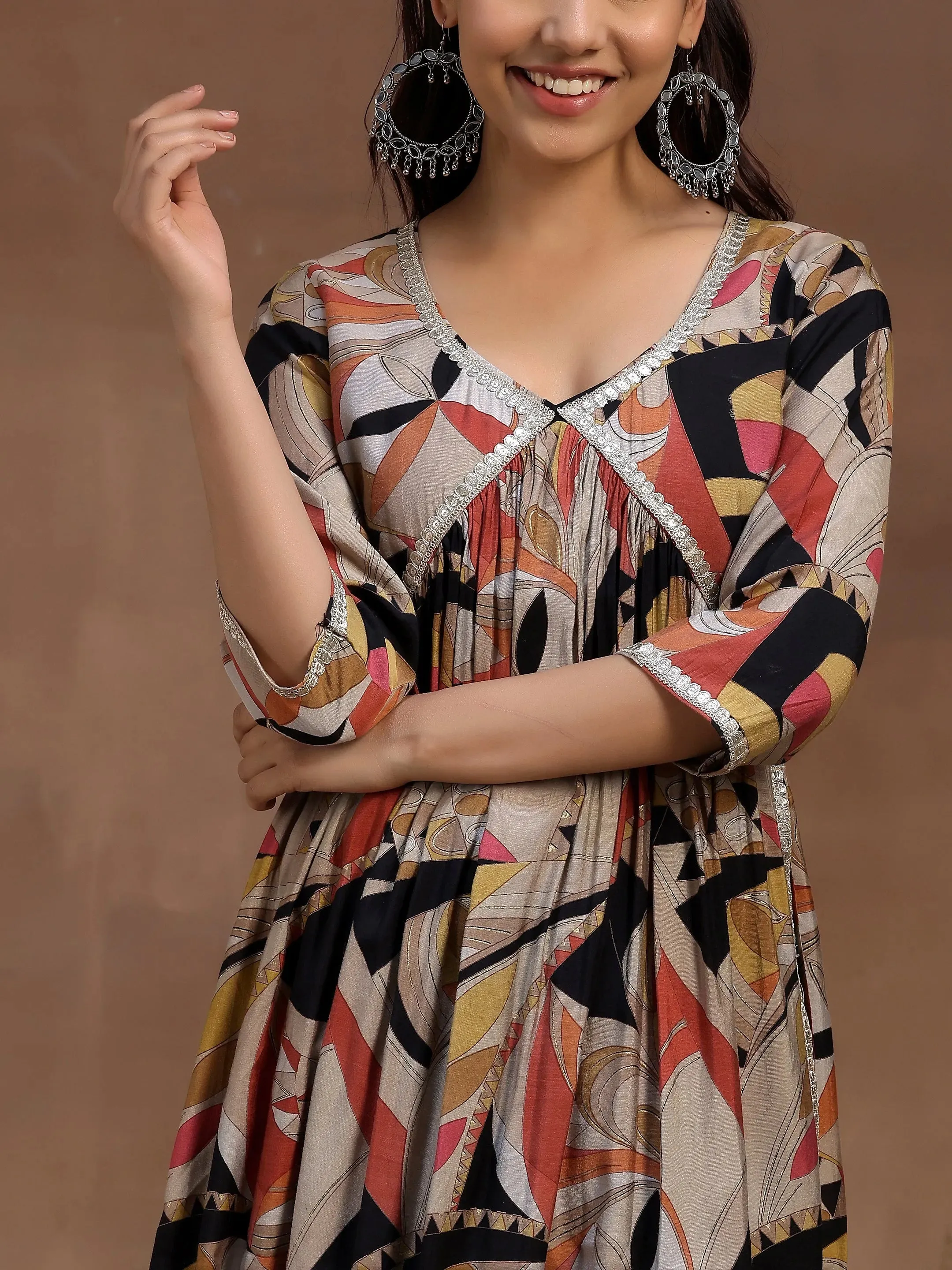 Black Printed Silk Blend A-Line Kurta With Trousers & Dupatta