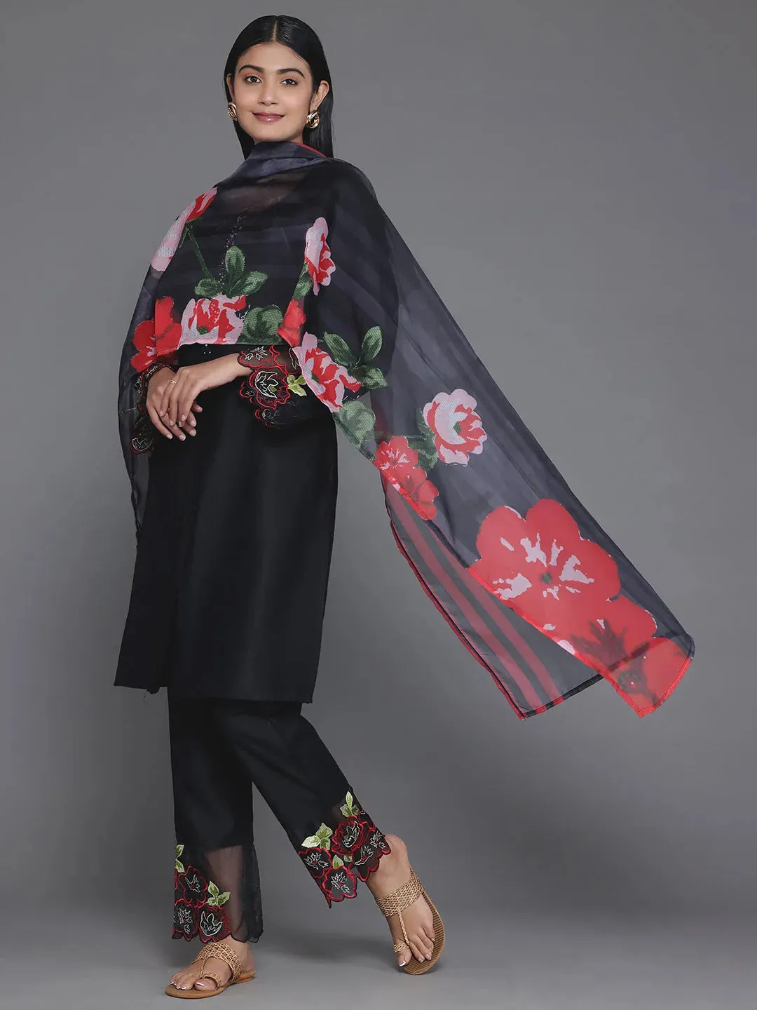 Black Solid Silk Blend Straight Suit With Dupatta