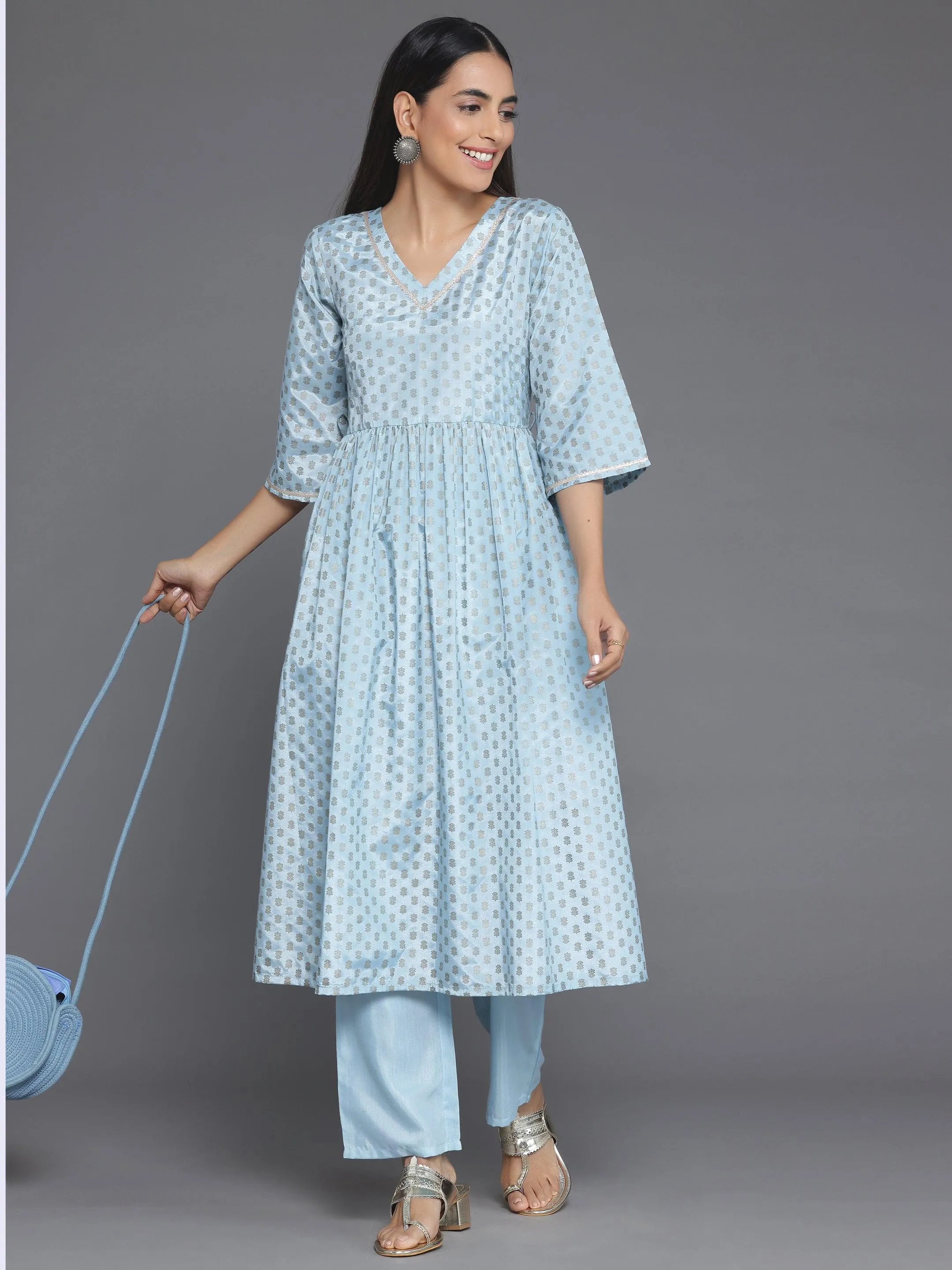 Blue Printed Silk Blend A-Line Kurta With Trousers