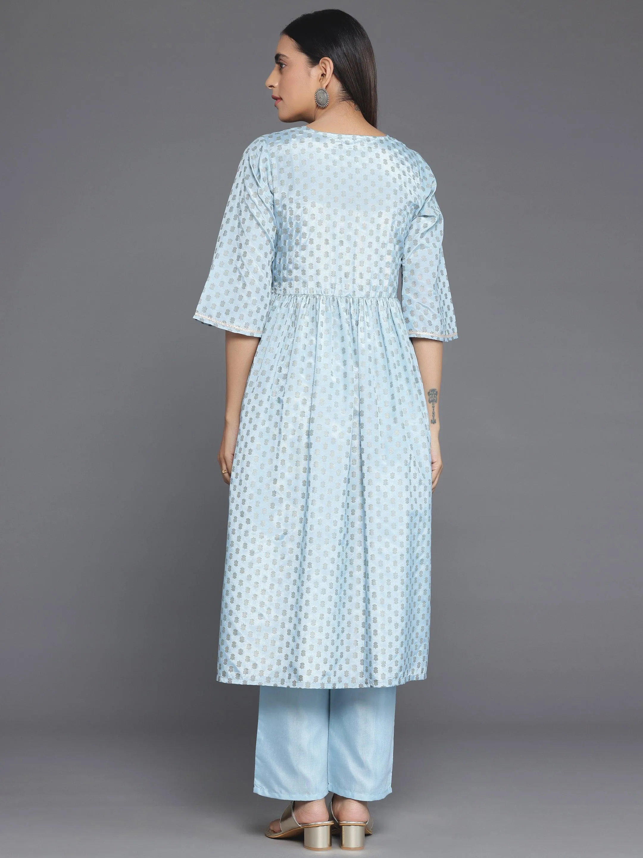 Blue Printed Silk Blend A-Line Kurta With Trousers