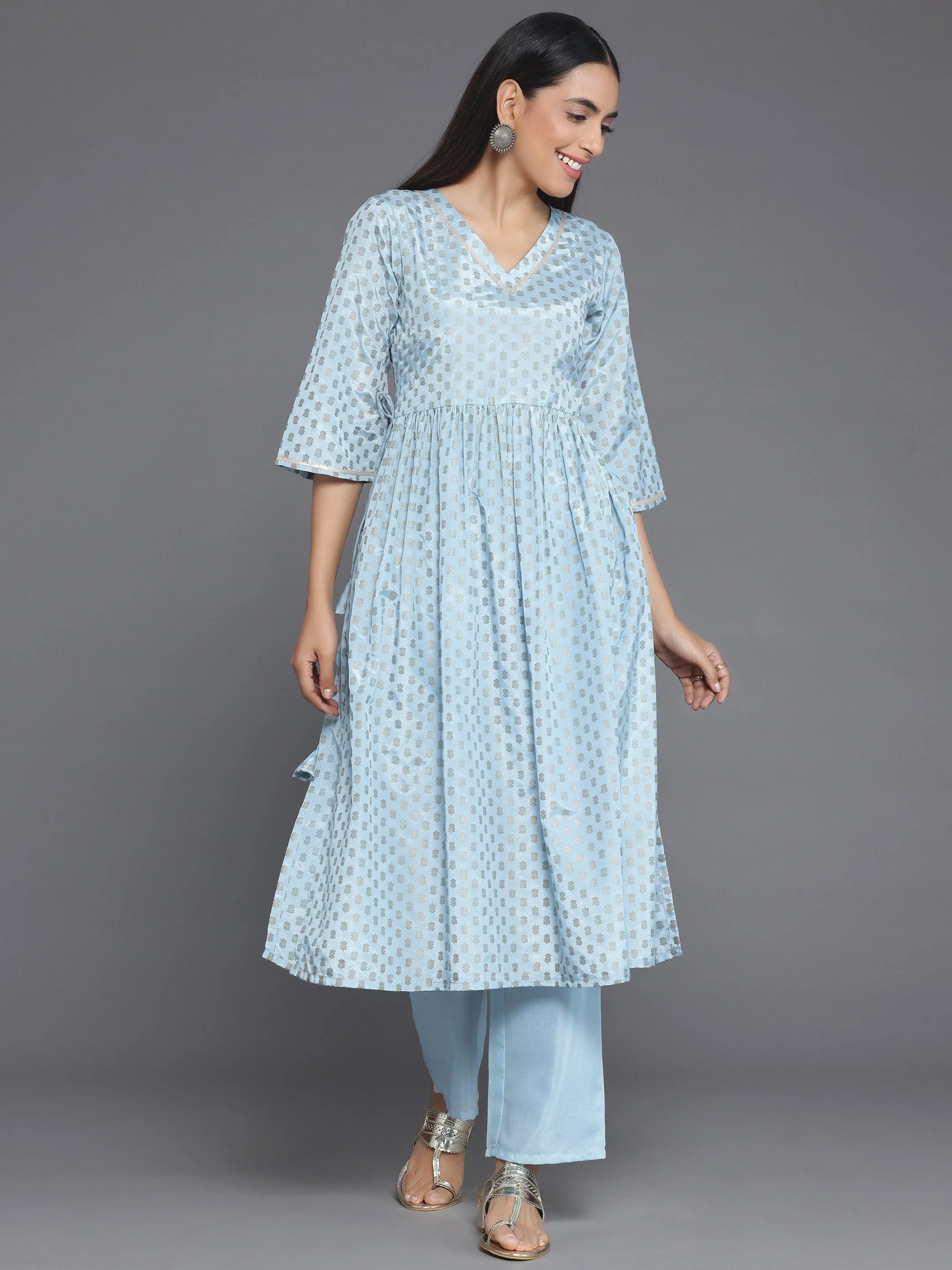 Blue Printed Silk Blend A-Line Kurta With Trousers