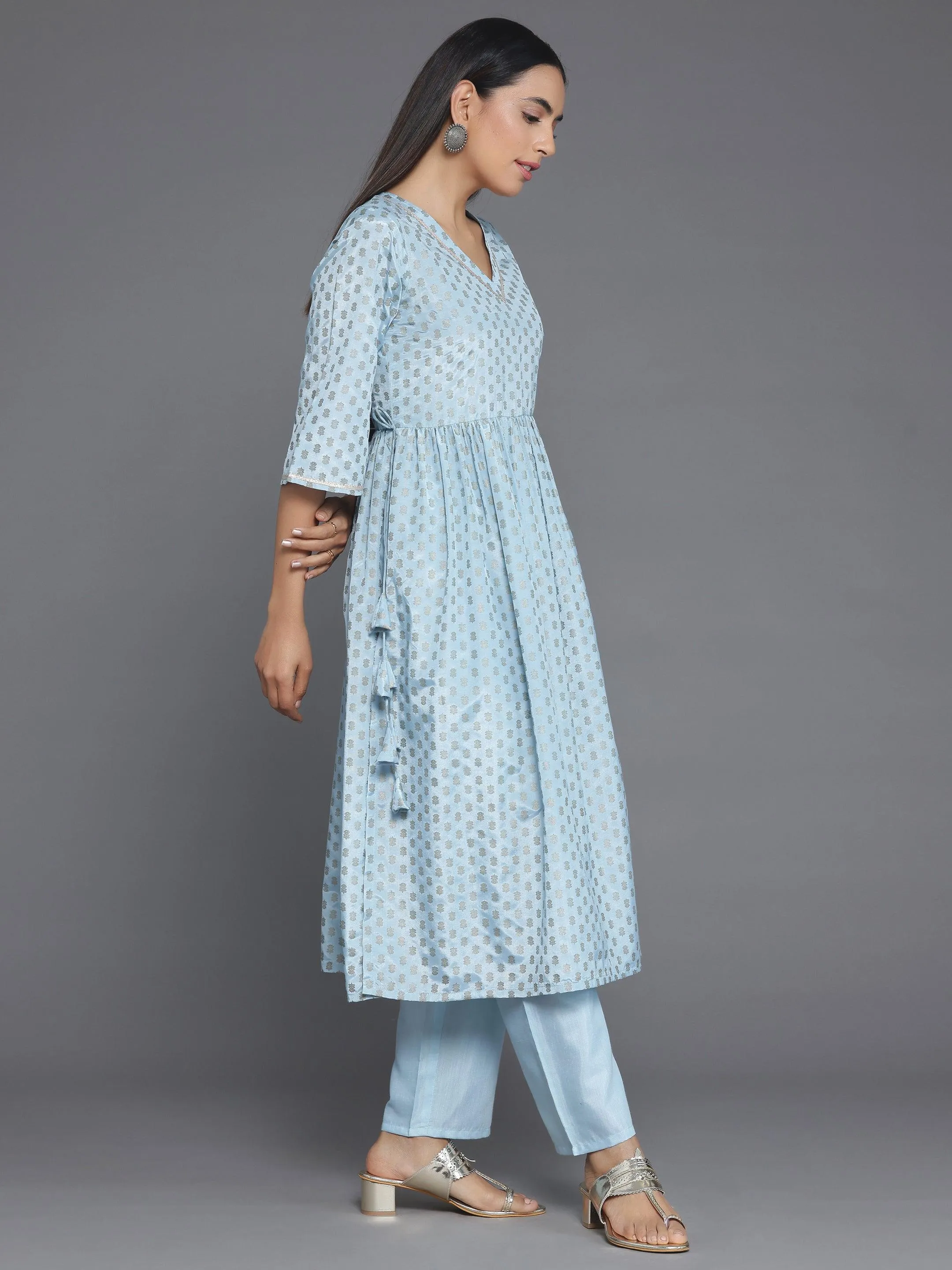 Blue Printed Silk Blend A-Line Kurta With Trousers