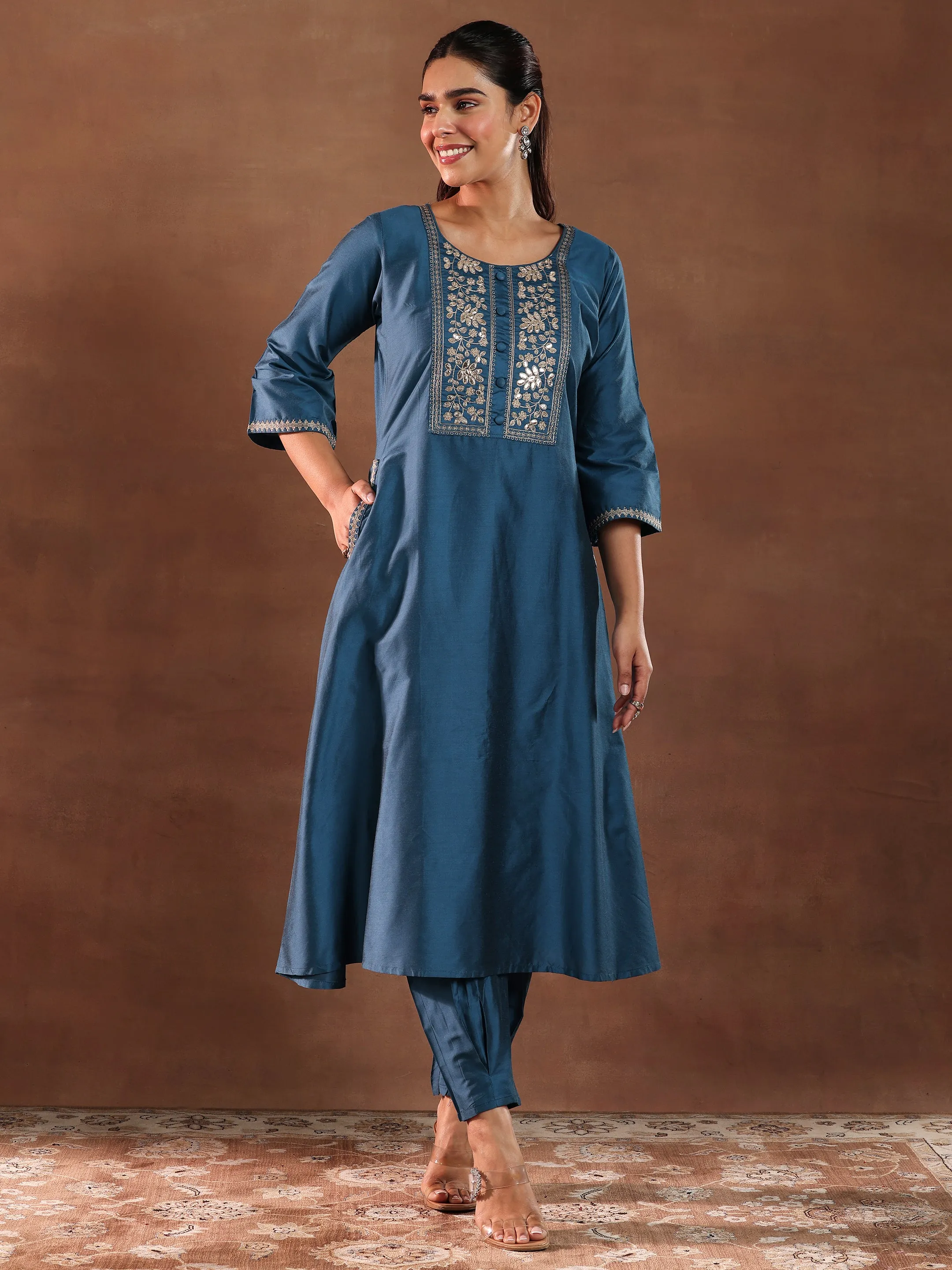 Blue Yoke Design Silk Blend A-Line Kurta With Trousers