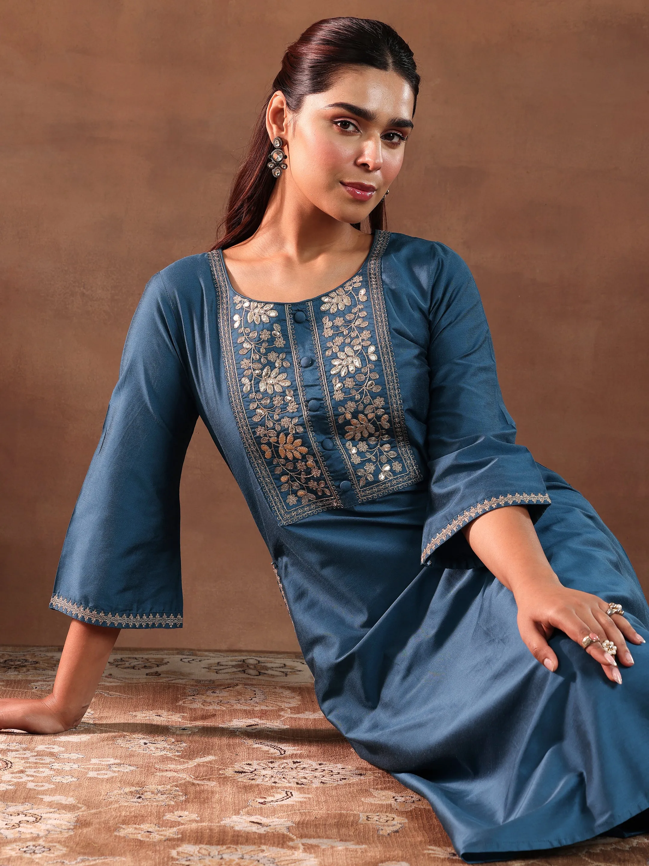 Blue Yoke Design Silk Blend A-Line Kurta With Trousers