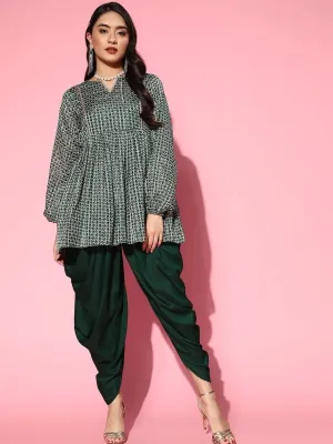 Bottle Green Printed Flared Kurta with Dhoti Pants