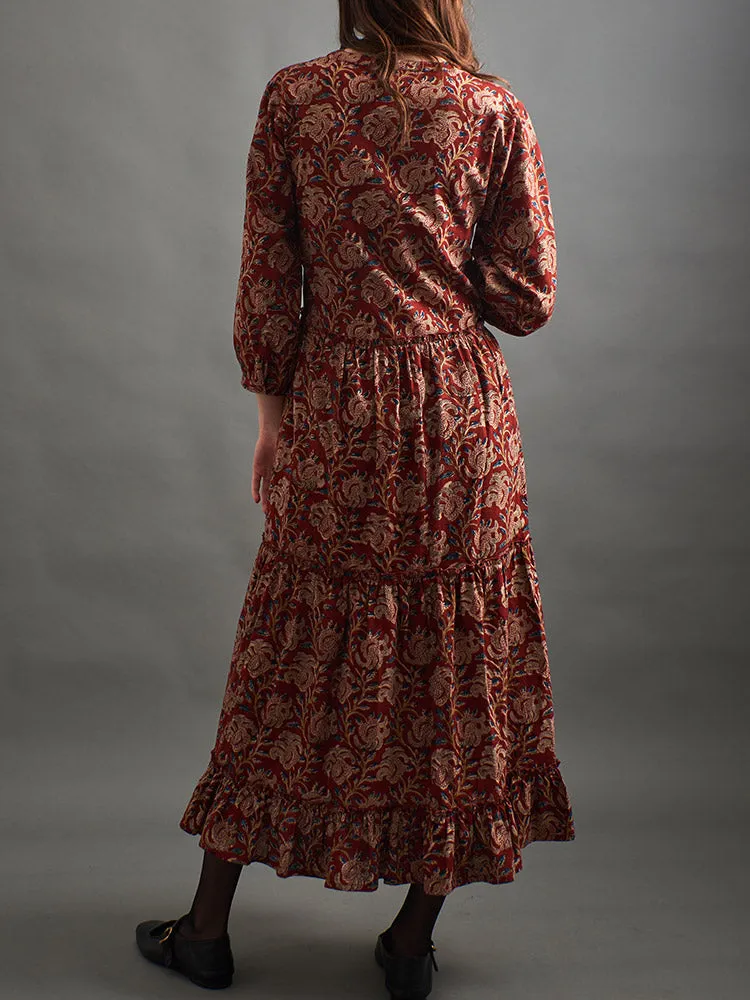 Britta Long Sleeve Tiered Dress - Red Floral