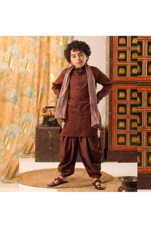 Brown Faux Mirror Embellished Kurta And Flared Balloon Pants Set