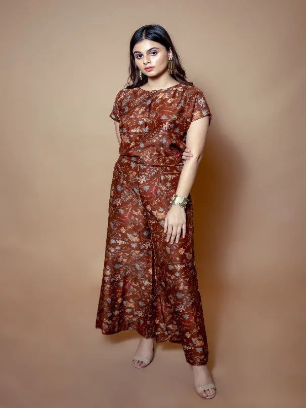 Brown Floral Chanderi Silk Co-Ord Set