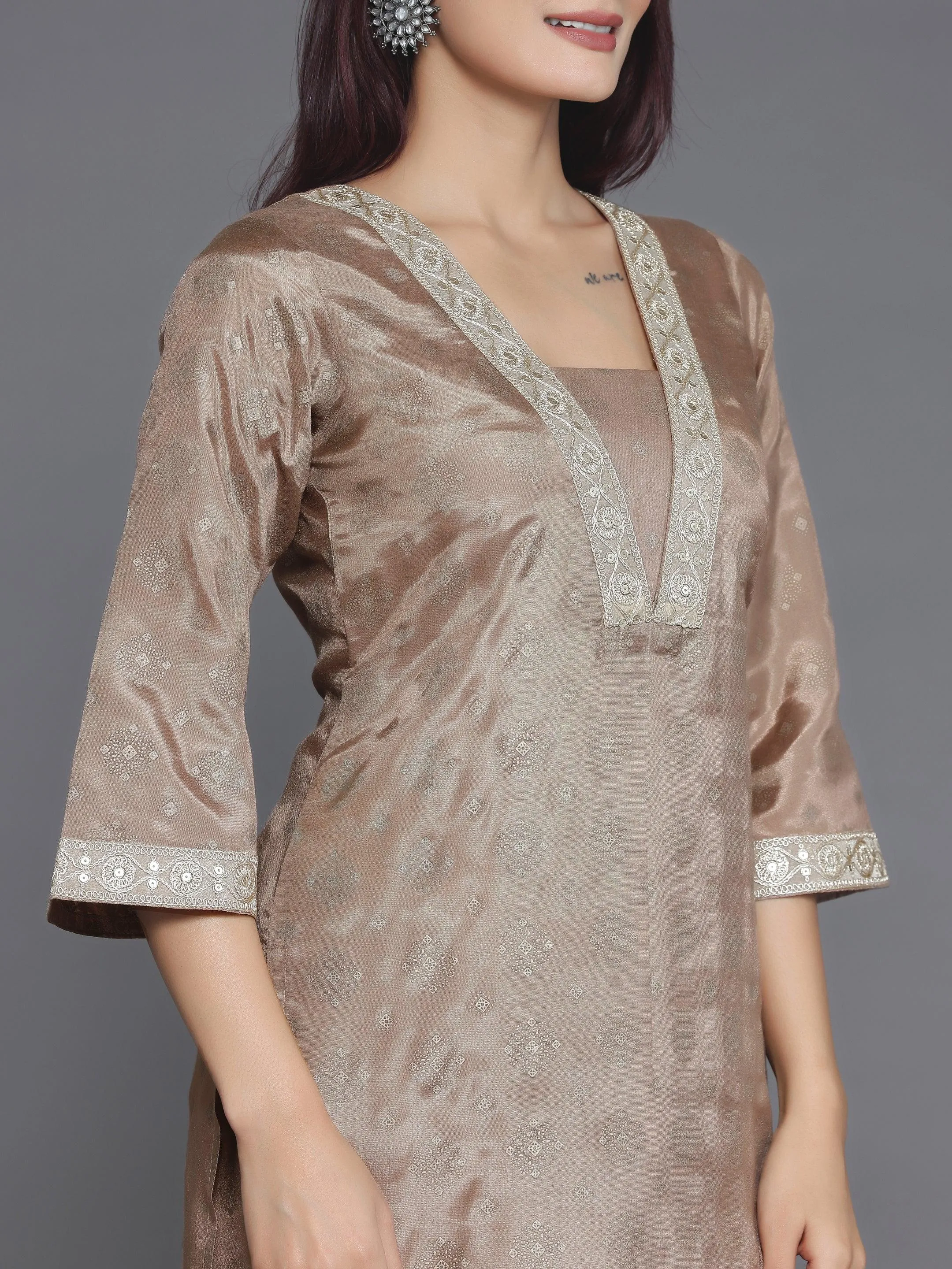 Brown Woven Design Silk Blend Straight Kurta Set