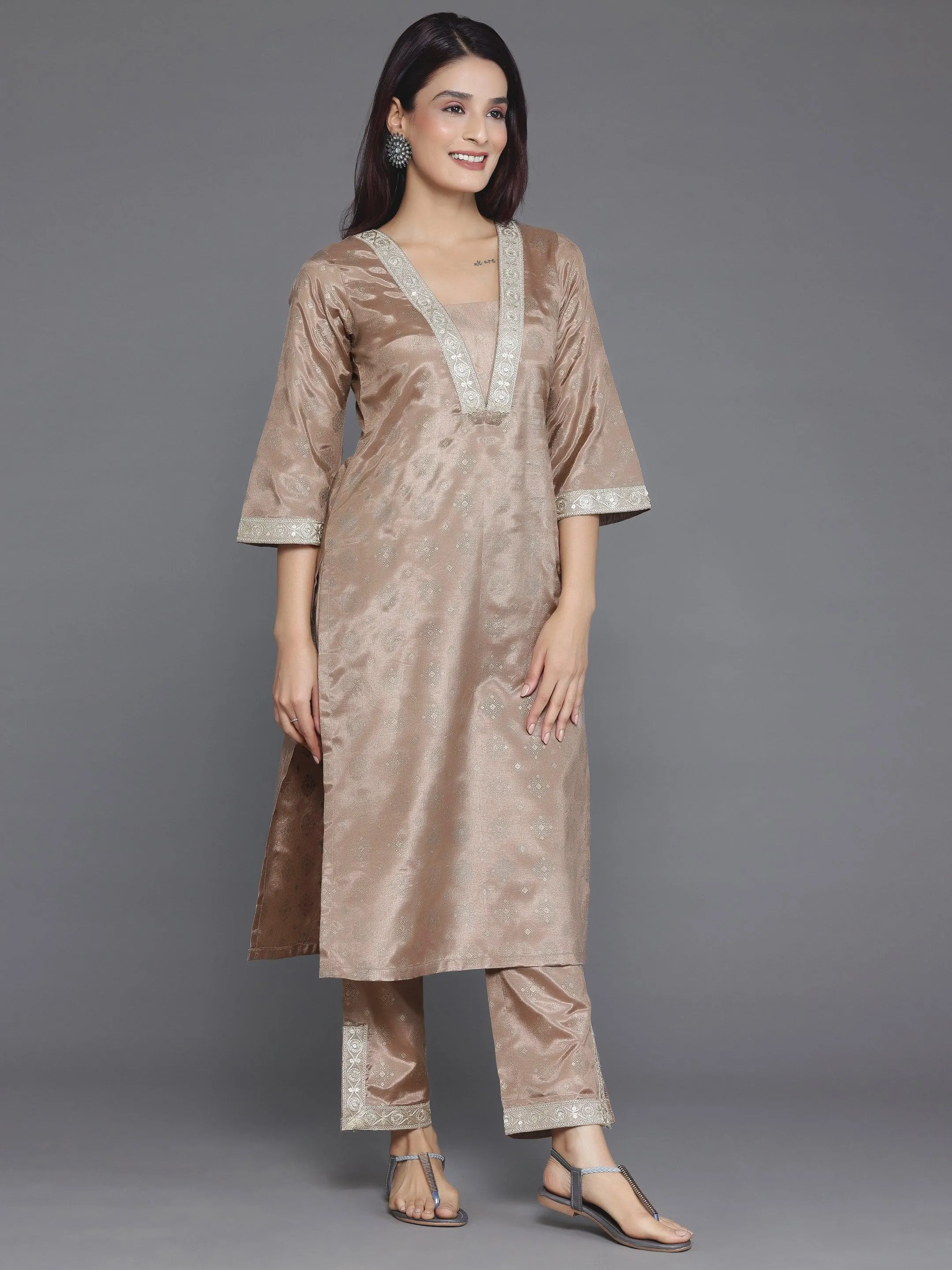 Brown Woven Design Silk Blend Straight Kurta Set