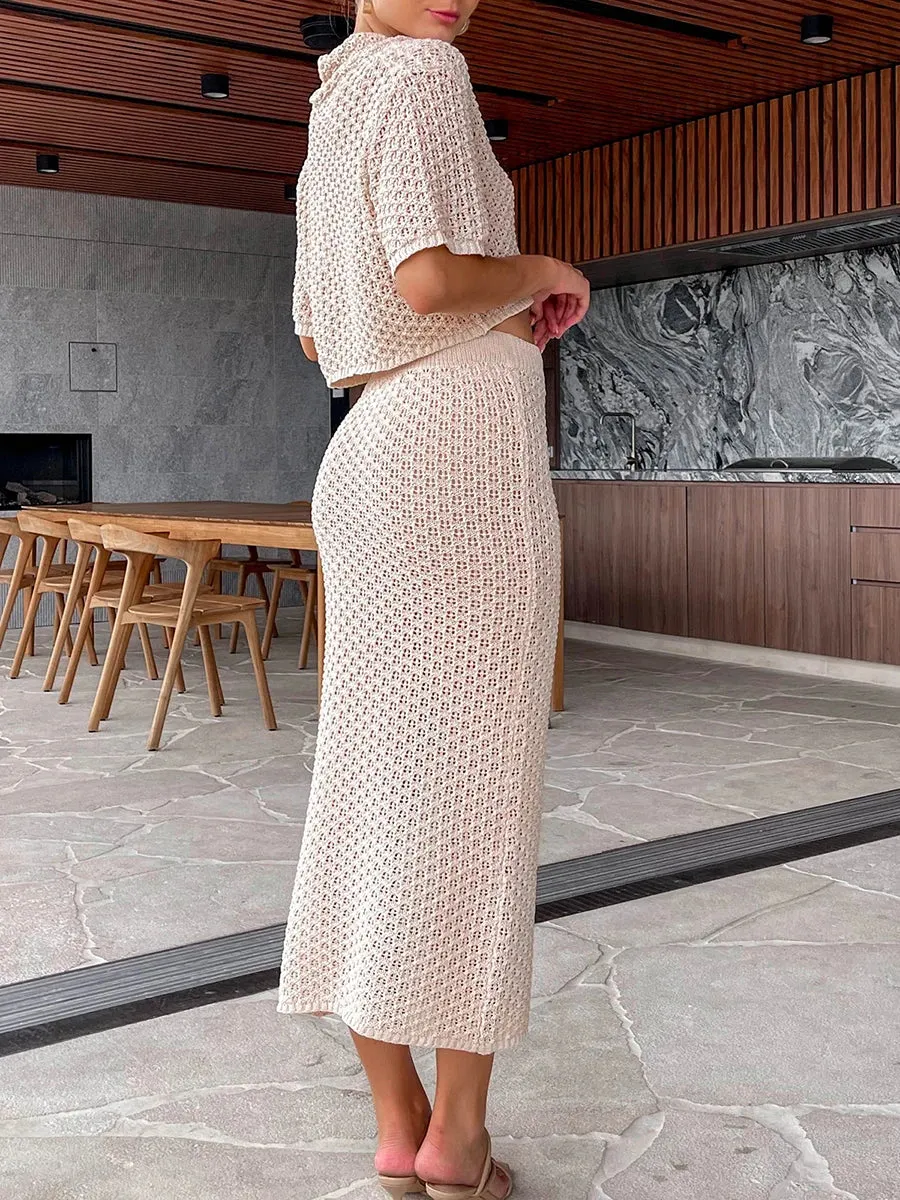 Casual Crochet Knit High Waist Slit Long Skirt