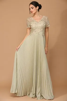 Champagne Half Sleeve V Neck Accordion Pleat Metallic Skirt