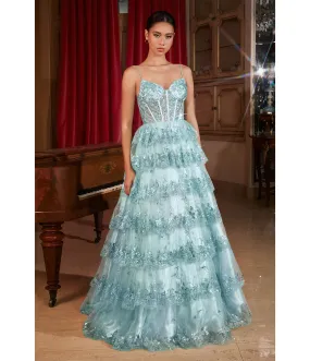 Cinderella Divine Blue Sparkle Tiered Prom Dress