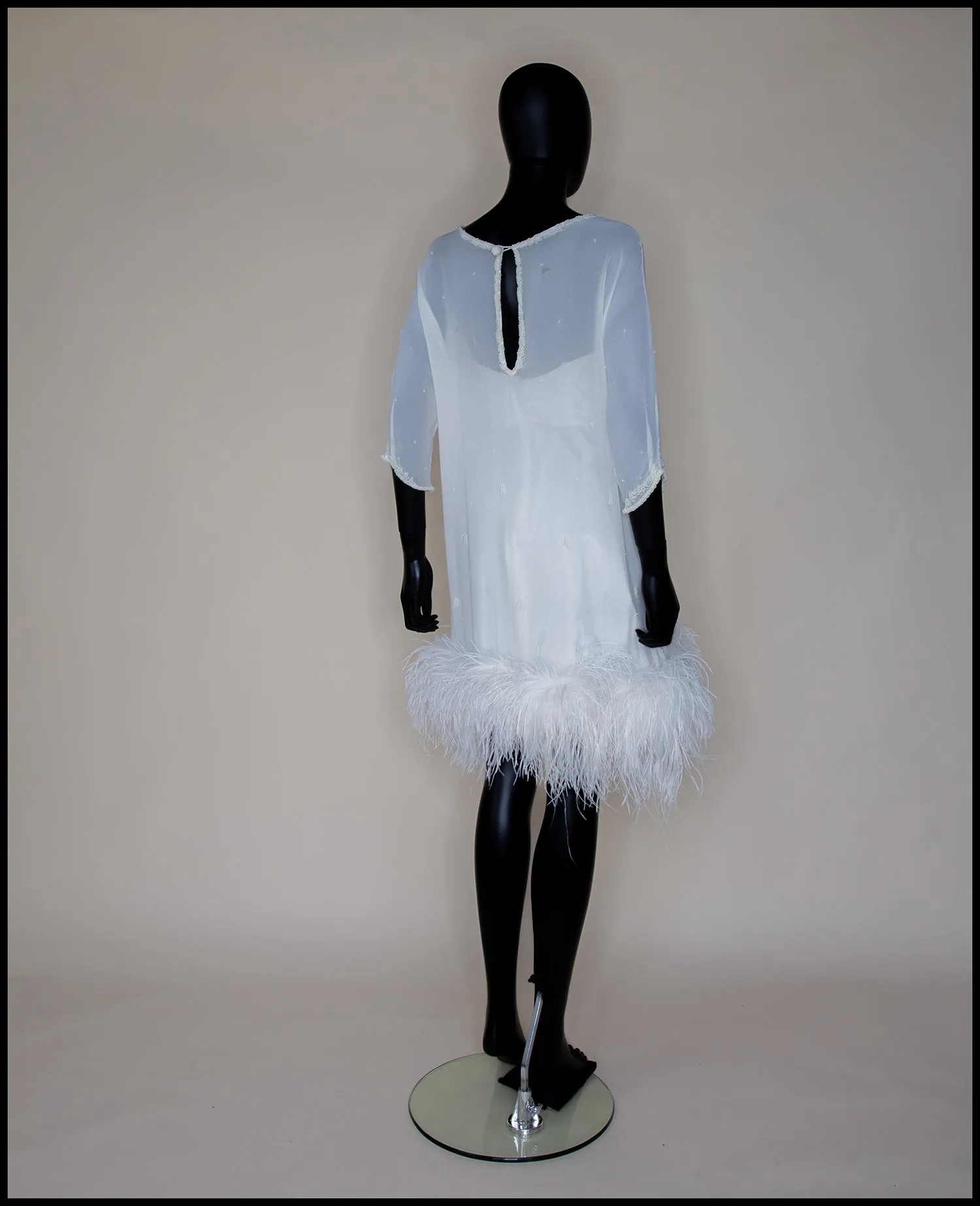 Clara - Beaded Silk Georgette Mini Dress with Ostrich Feather Hem - S