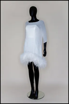 Clara - Beaded Silk Georgette Mini Dress with Ostrich Feather Hem - S