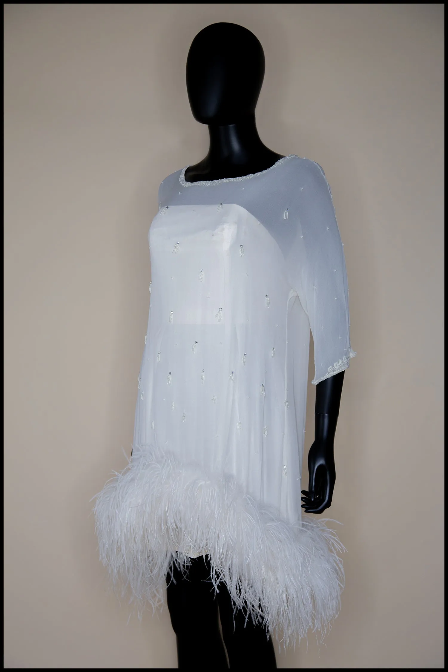 Clara - Beaded Silk Georgette Mini Dress with Ostrich Feather Hem - S