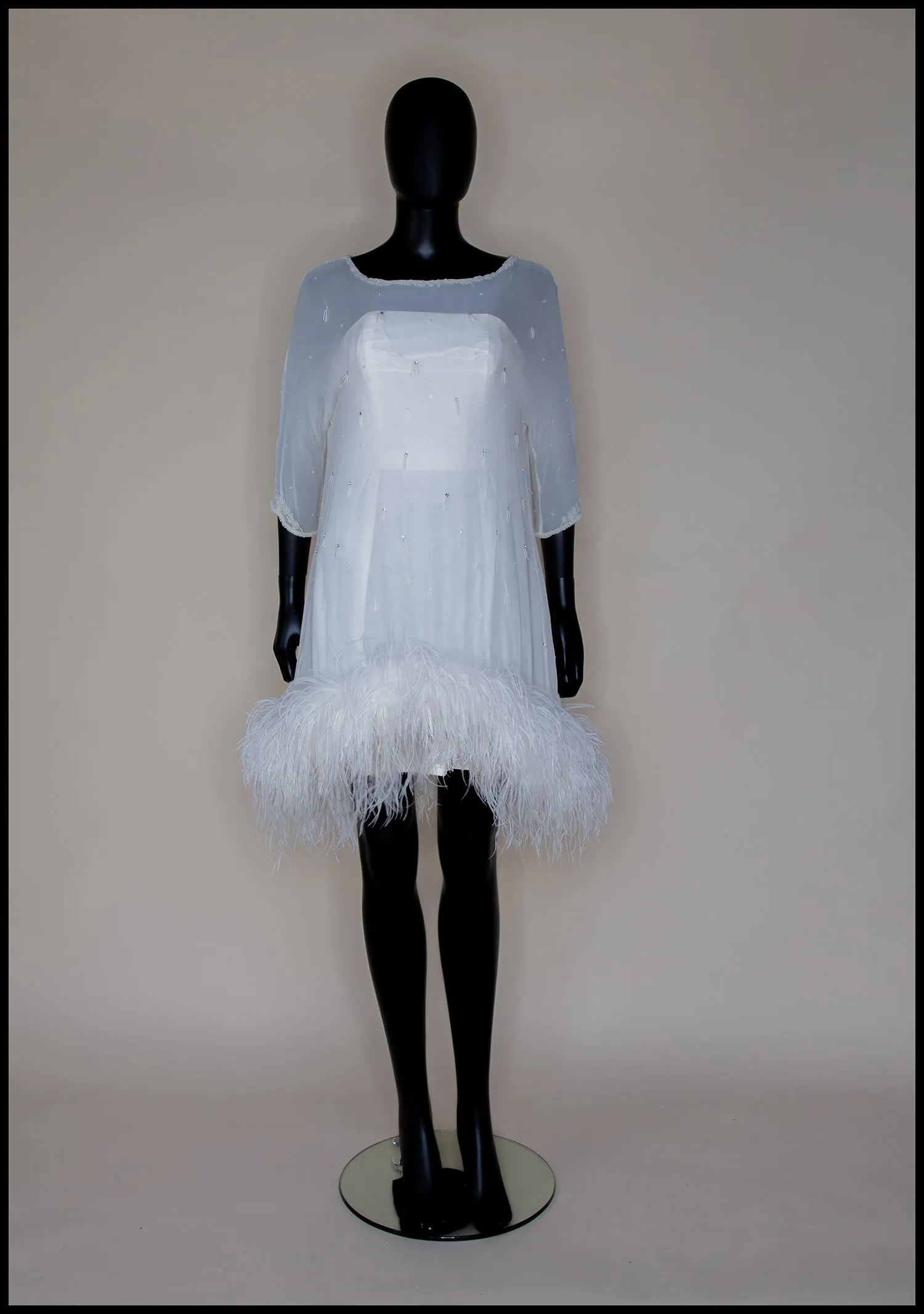 Clara - Beaded Silk Georgette Mini Dress with Ostrich Feather Hem - S