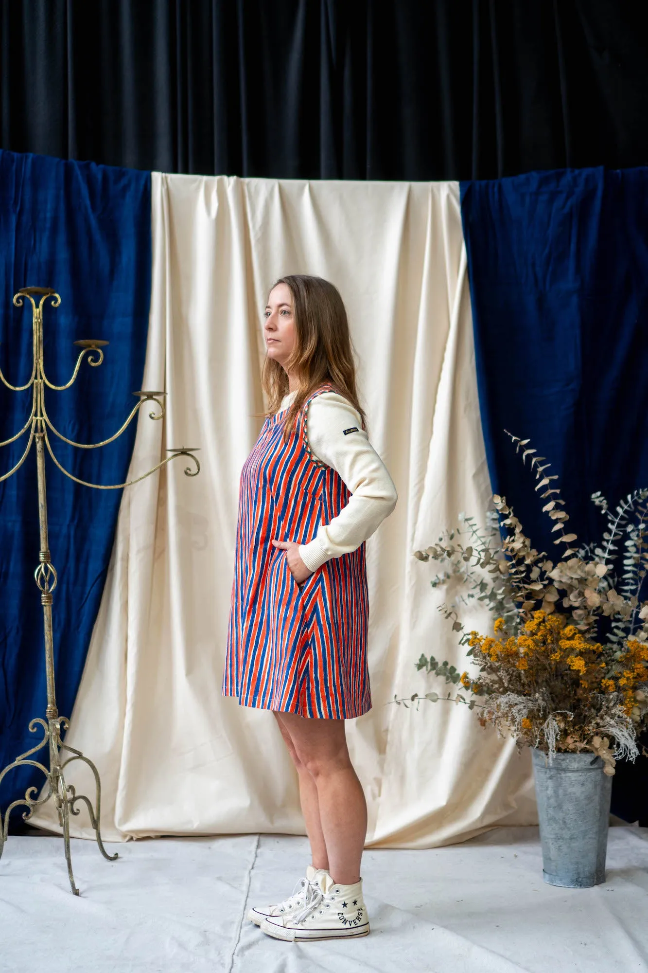 Contrast Pocket Tunic - Blue and Orange Stripe Print