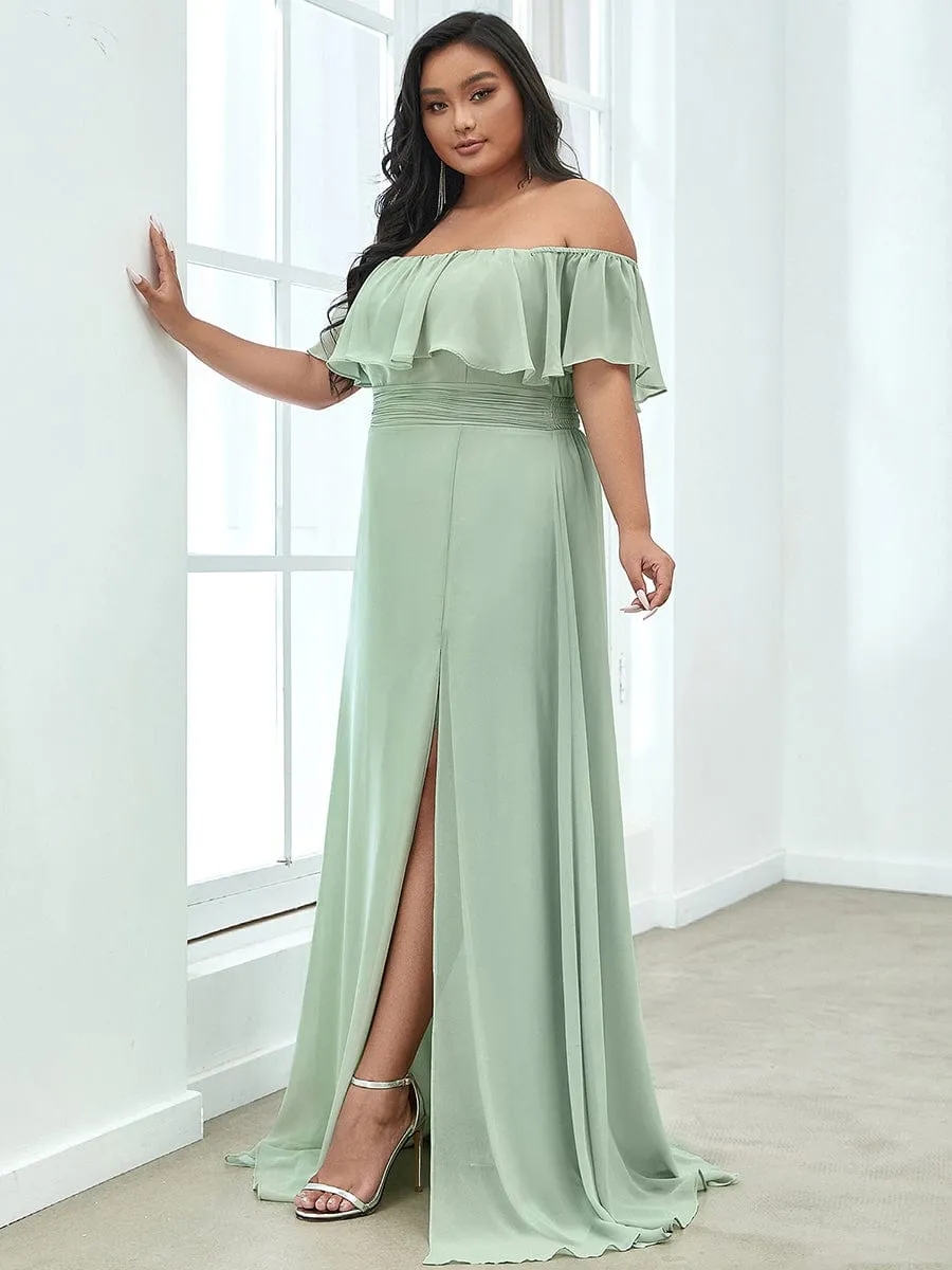 Custom Size Chiffon Ruffle Off Shoulder Thigh Slit Bridesmaid Dresses